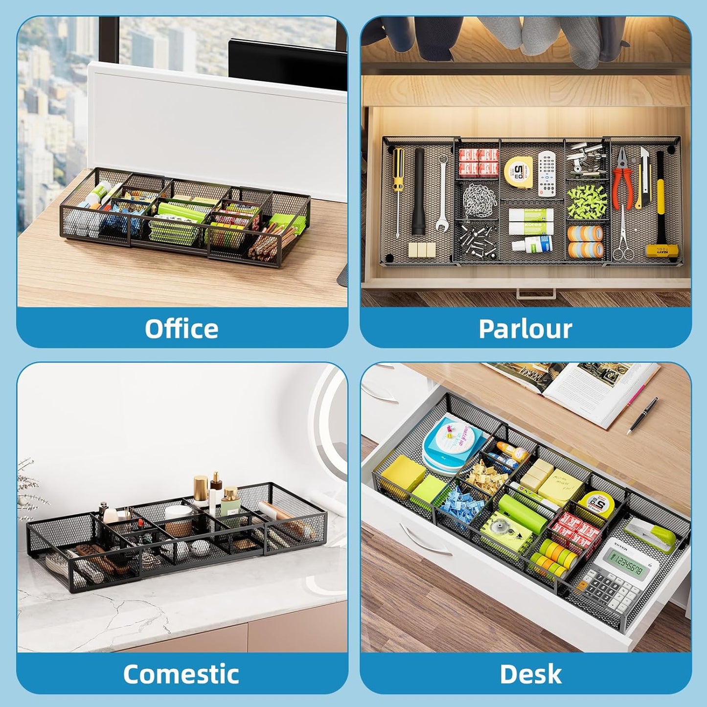 Marbrasse Expandable Desk Drawer Organizer, Mesh Drawer Organizer Tray with 10 Adjustable Compartments, Desk Organizers and Accessories for Office Supplies (Longer Expandable Drawer Organizer-B)