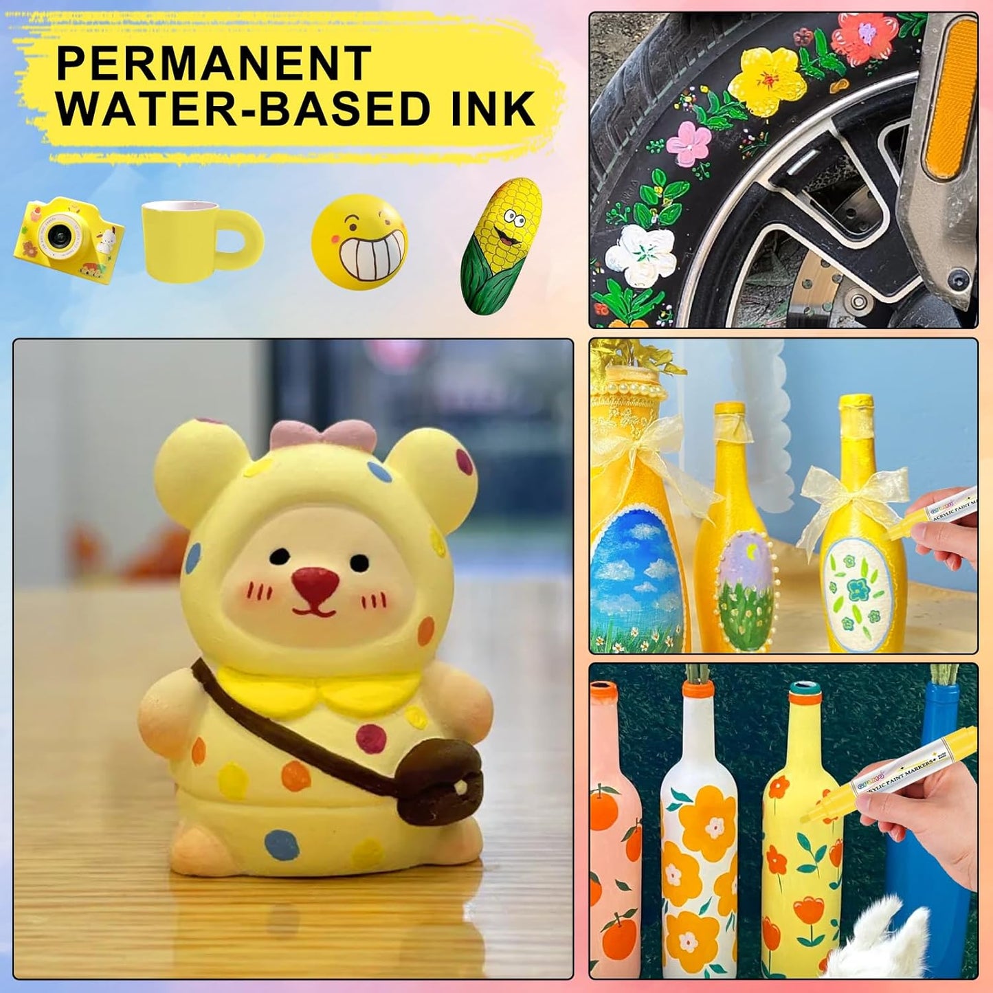 Paint Markers Paint Pens - 2 Pack Dual Tip Acrylic Permanent Marker (0.7mm & 3mm), Non-Toxic, Water-Based for Art Painting, Stone, Ceramic, Glass, Wood, Fabric, Metal, DIY Crafts (Yellow)