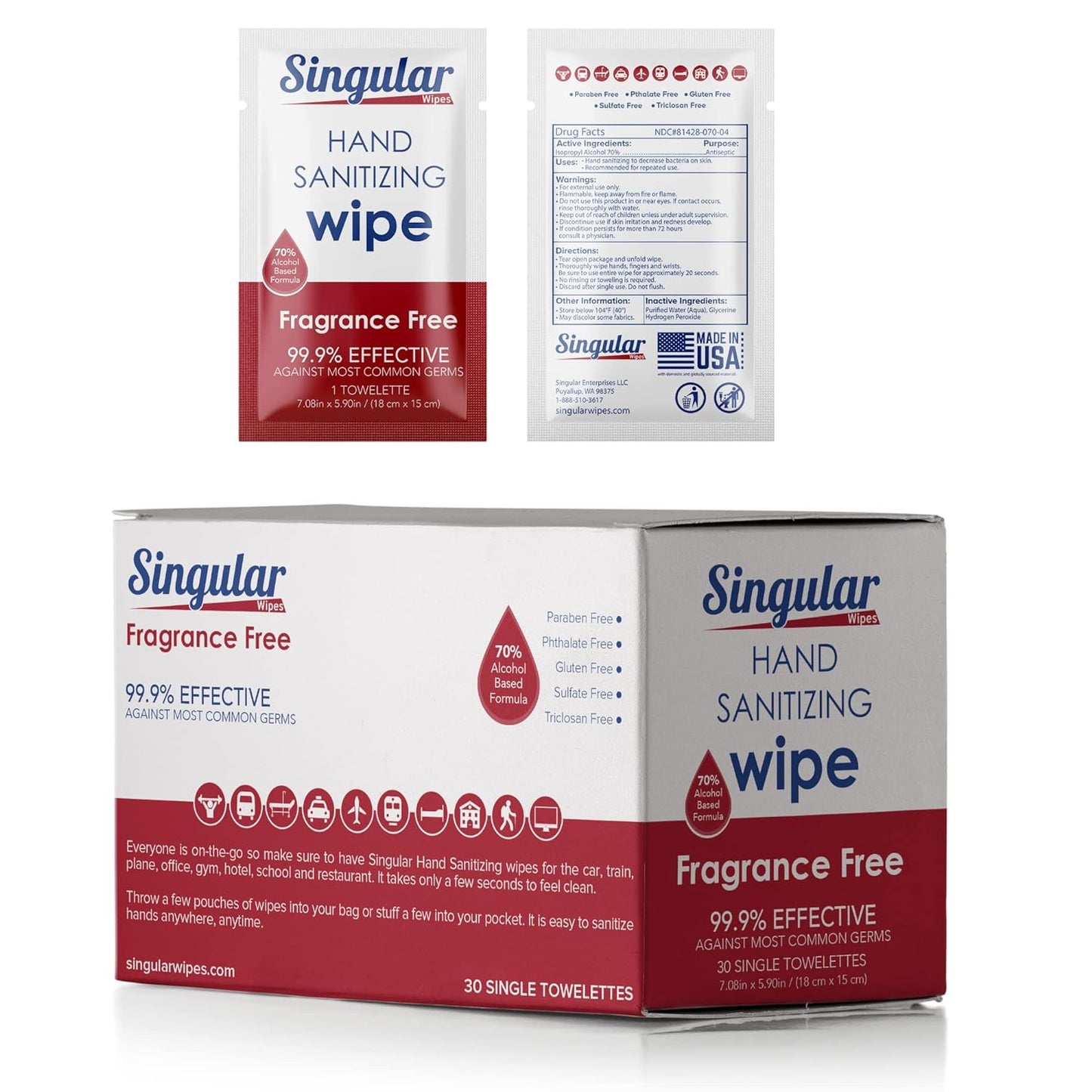 Hand Sanitizing Wipes Travel Size by Singular Wipes –30ct Individually Wrapped | Fragrance-Free, Moisturizing, 70% Isopropyl Alcohol Wipes | Travel, Home, Office, Daily Use | Made in USA