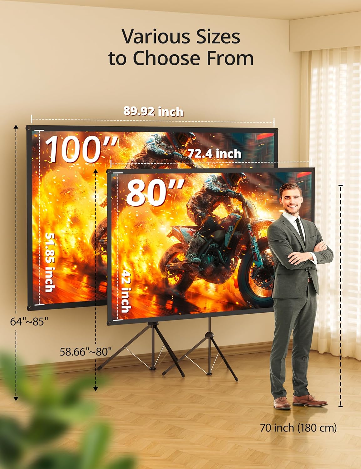 Projector Screen with Stand - 100" Indoor/Outdoor 16:9, 4K HD PVC Screen with 1.5 Gain, 2IN1 for Backyard Theater & Wall Hanging, Includes Carry Bag