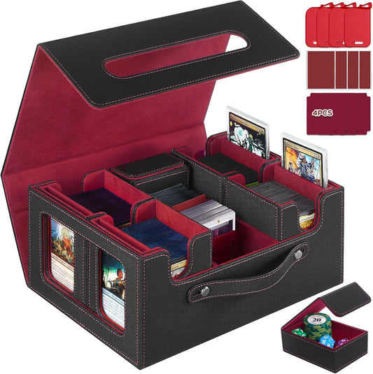 Trading Card Storage Box for MTG, card storage box with Commander Display，Multi-purpose Deck Case for MTG TCG Sports Card, 4 Toploaders, 4 Stoppers, 4 Colorful Dividers (Black & Red)