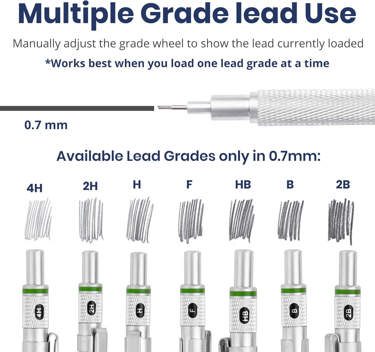 Pacific Arc Chromagraph Metal Mechanical Pencil .7 mm Silver Barrel Mechanical Pencil with Built In Lead Pencil Grade Indicator, Lead Pencil Holder for Drafting, Sketching, and Drawing