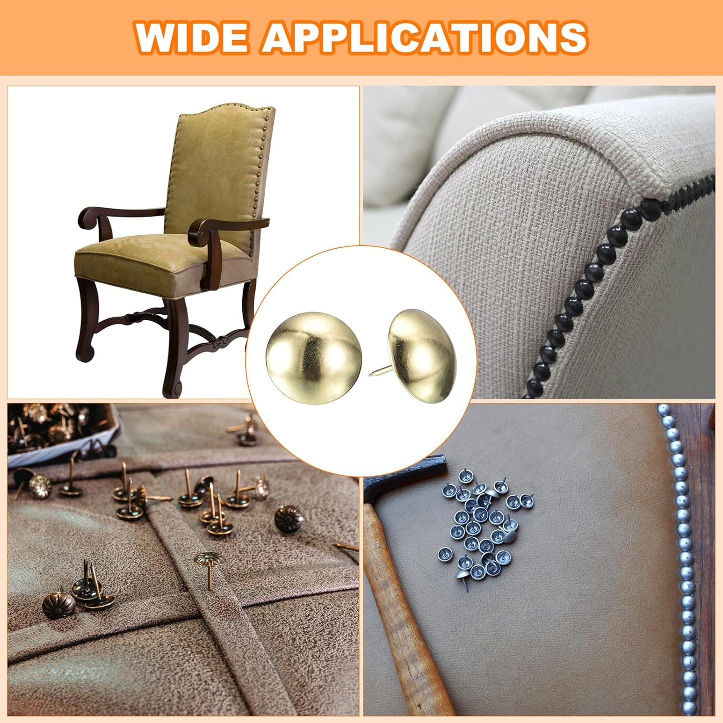 uxcell Upholstery Tacks Nail Pins Furniture, 30Pcs 30x30mm Thumb Tack Pins Assortment Kit Carbon Steel for Home Sofa DIY Decorative Nail Heads Nails, Gold