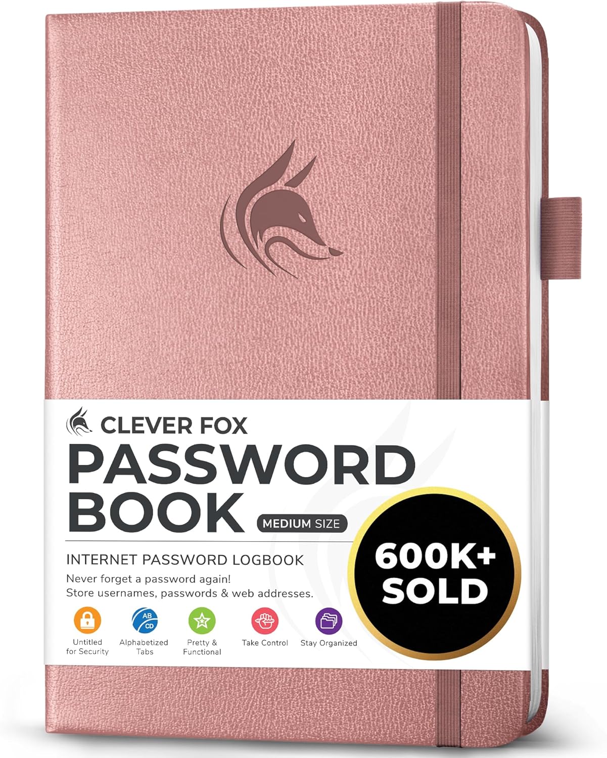 Clever Fox Password Book with alphabetical tabs. Internet Address Organizer Logbook. Medium Password Keeper for Website Logins (Rose Gold)