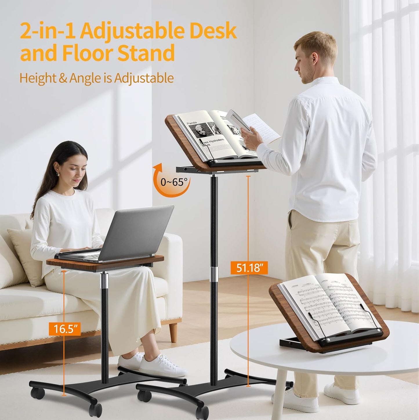 Rolling Laptop Floor Stand, Dual-Purpose for Desk & Floor, Adjustable Height from 16.5" to 51", with 4 Lockable Casters & Book Page Clips, Portable Laptop Stand Ideal for Projectors, Books, Ipads
