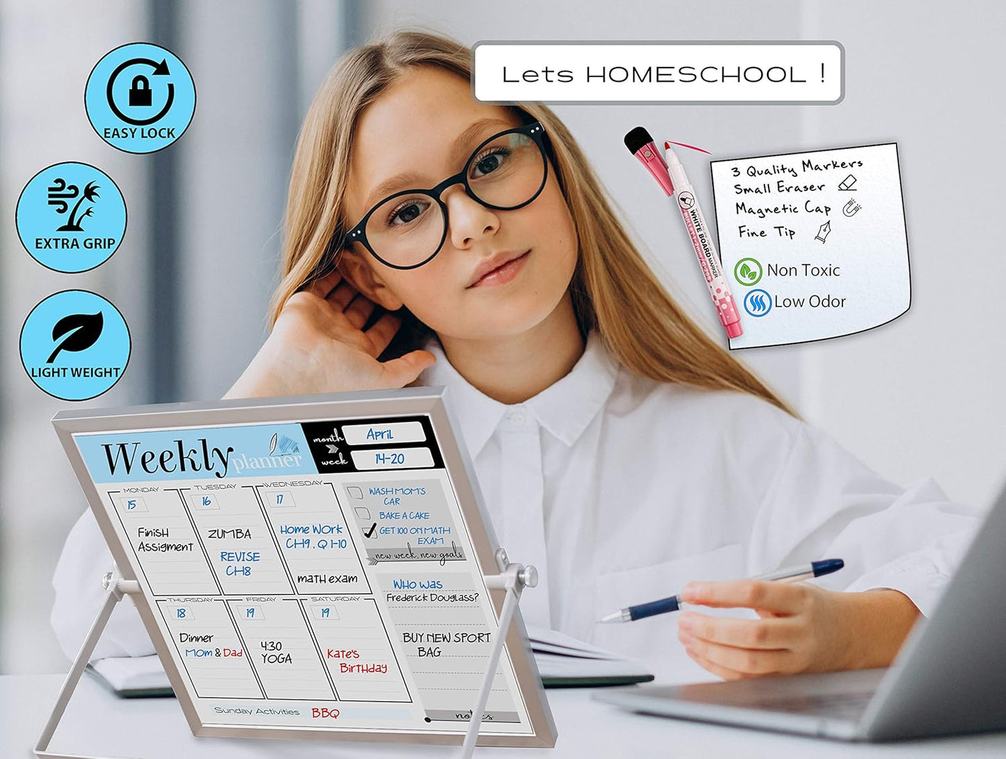 Small Desktop Weekly Planner White Board - Calendar 10"x10" Dry Erase Magnetic to Do List Board with Stand, 3 Markers, 4 Magnets, Eraser - Portable Tabletop Whiteboard for Home School & Office