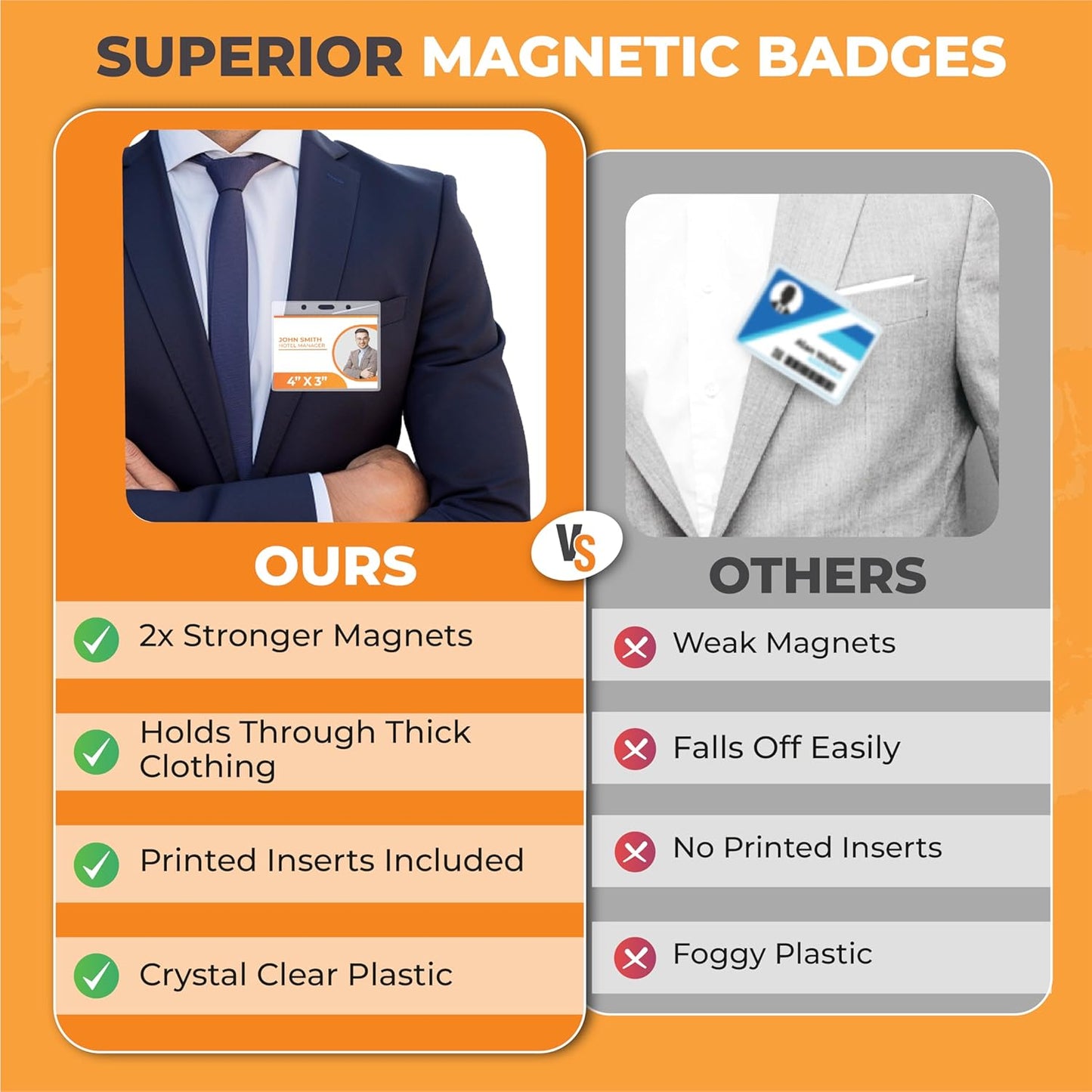 100 Pack of 4x3 Magnetic Name Badge Holders (White Printable Inserts Included) Customizable Magnetic Name Tags for Office, Conventions, School, and Events - Durable and Clear Plastic Name Tag Holder