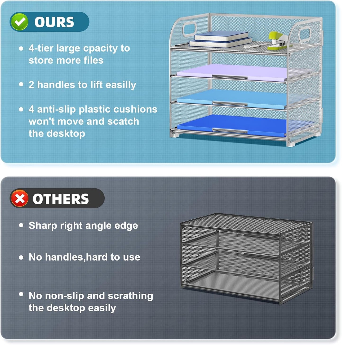 Marbrasse 4 Tier Paper Organizer Letter Tray - Mesh Desk File Organizer with Handle, Paper Sorter Organizer for Letter/A4 Office File Folder Holder (Silver, 12.6" x 9.1" x 10.7")