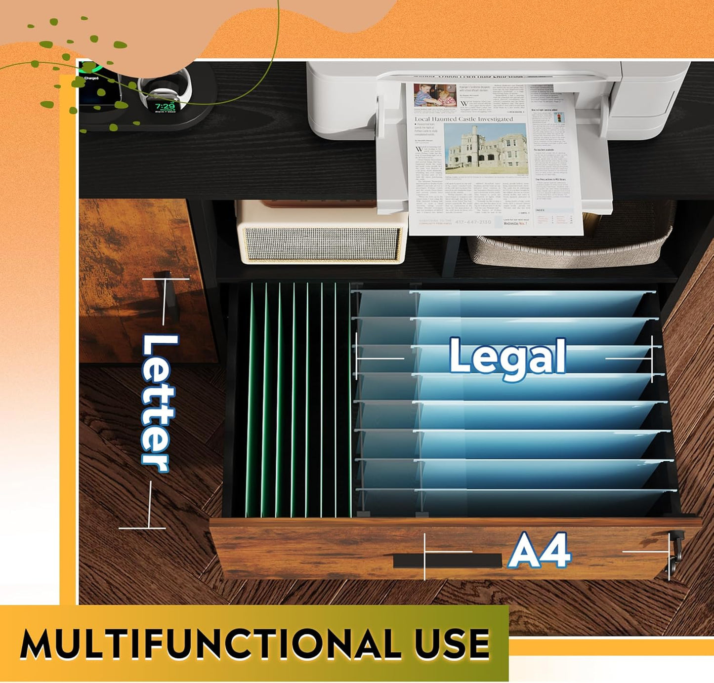 DEVAISE File Cabinet with Charging Station, 1 Drawer Rolling File Cabinet, Locking Filing Cabinet for Home Office, Wood Printer Stand with Storage, Rustic Brown