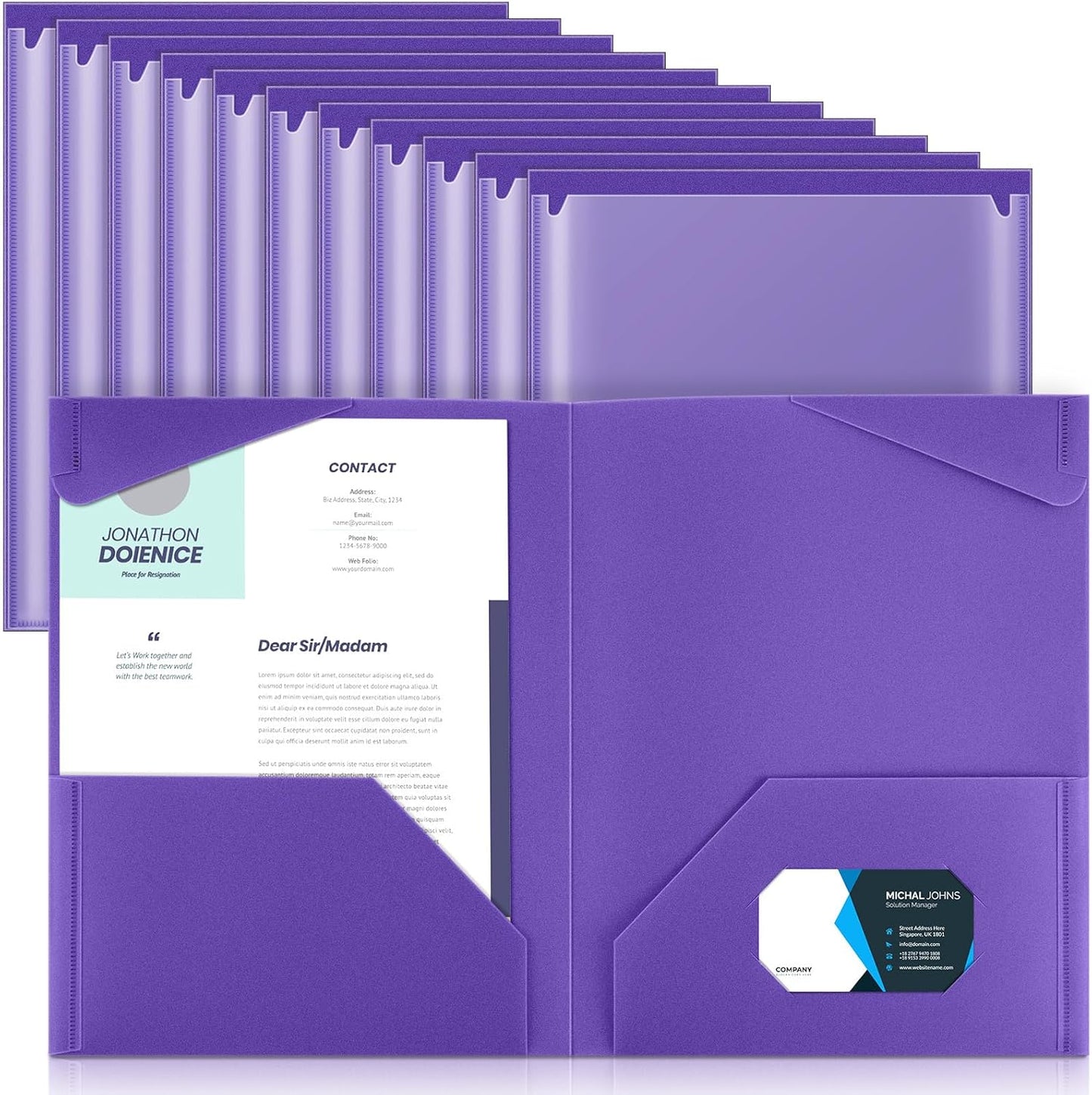 Henoyso 18 Pcs Plastic Folders with Clear Front Pockets Heavy Duty File Folders with 2 Pockets and Card Slot for Student Communication School Office Presentation Report (Purple)