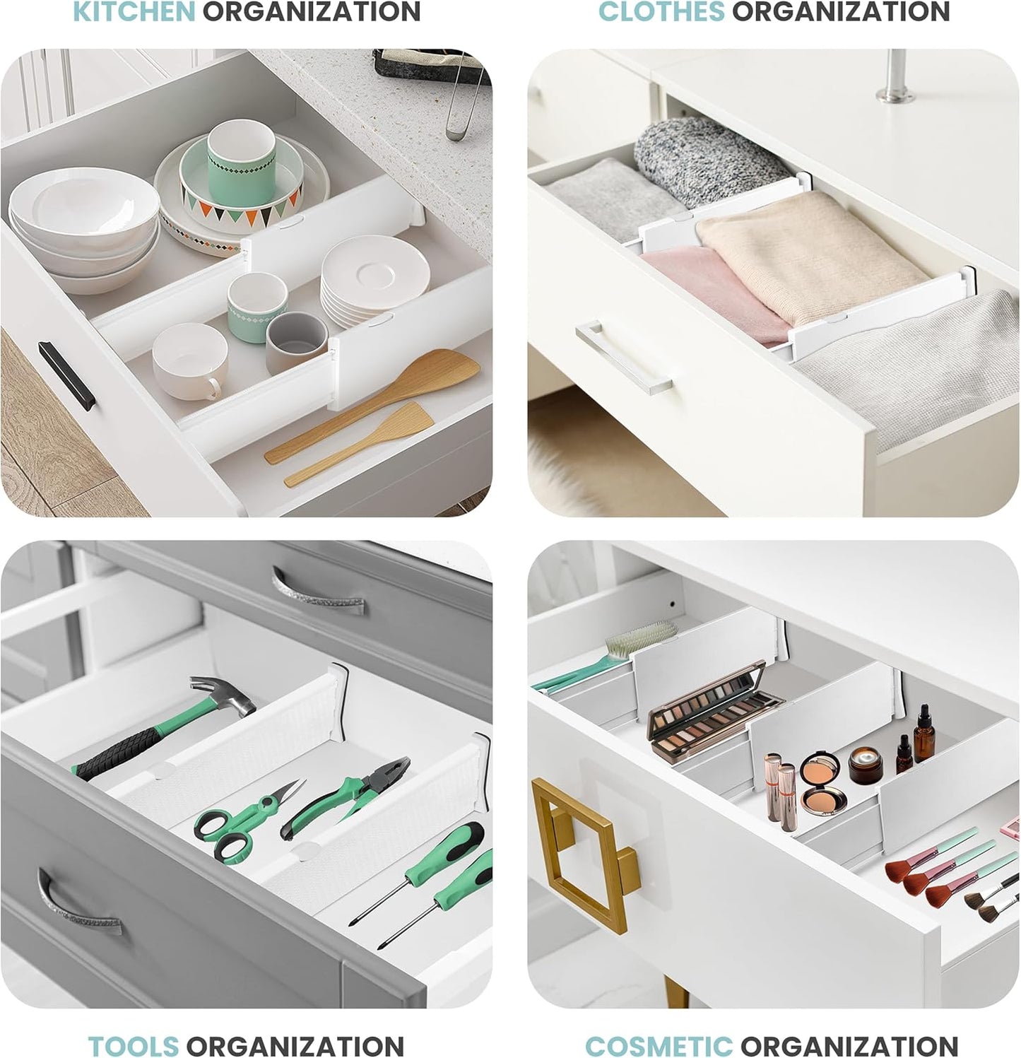 RAPTUROUS Adjustable Drawer Dividers 4 Pack, 4” High, 11-17” Long, Dresser Drawer Divider for Bedroom, Closet, Kitchen, Nursery Organization, Office, Strong & Sturdy Hold, Soft Foam Edges（White）