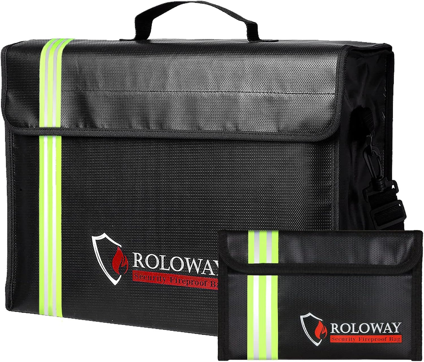 ROLOWAY Large (17 x 12 x 5.8 inches) Fireproof Bag with Reflective Strip, Water Resistant Fireproof Document Bag Safe for Money, Documents and Valuables Storage