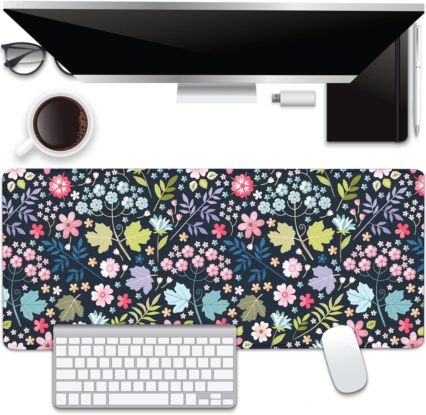 Maple Leaf and Flowers Desk Pad Mouse Pad,Large Floral Mouse Mat with Stitched Edges,Non-Slip Rubber Base Elegant Mousepad for Office PC Keyboard Laptop and Home Work Desk Mat(27.5X11.8 in)