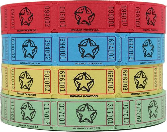 INDIANA TICKET CO. Raffle Roll Tickets Star - 2000 Tickets Each in Blue, Red, Yellow, & Green (8000 Total) 1x2 Tickets Admission, Events, Fundraisers, Prizes, Classroom Rewards, (Pack of 4)