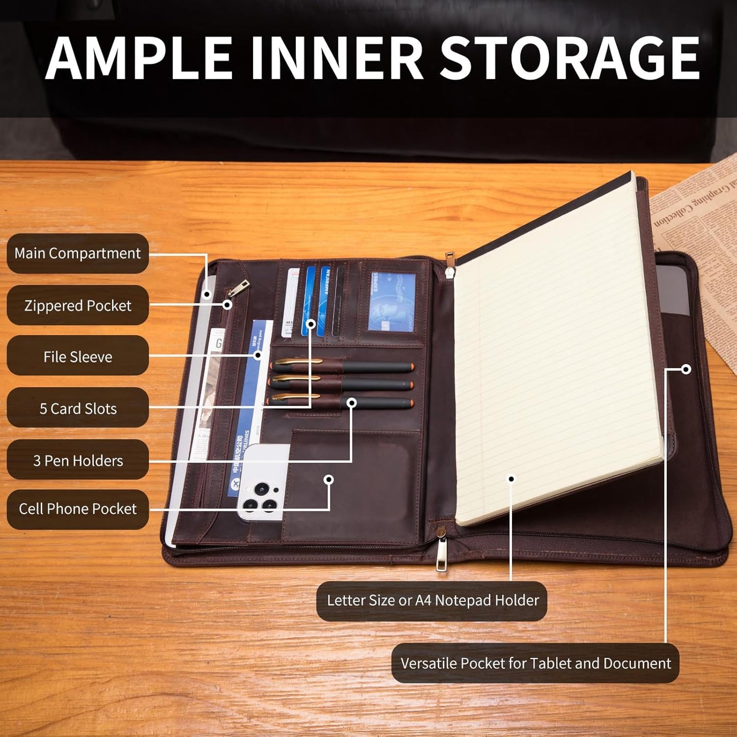 Personalized Genuine Leather Portfolio with Hidden Handle, Front Pocket, Custom Engraved Business Padfolio Tablet/13” Laptop Organizer, Professional Executive Document Folio, Dark Brown