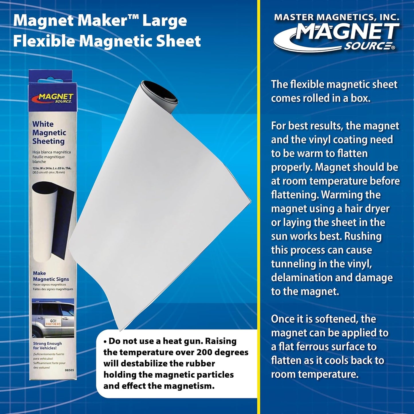 Master Magnetics Flexible Magnetic Sheet - Non-Adhesive Magnet - Ideal for Car Signs - Strong DIY Magnets for Fridge, Dry Erase Board, Crafting - 24.5" L x 12" W - White Vinyl Front - 1-Pack