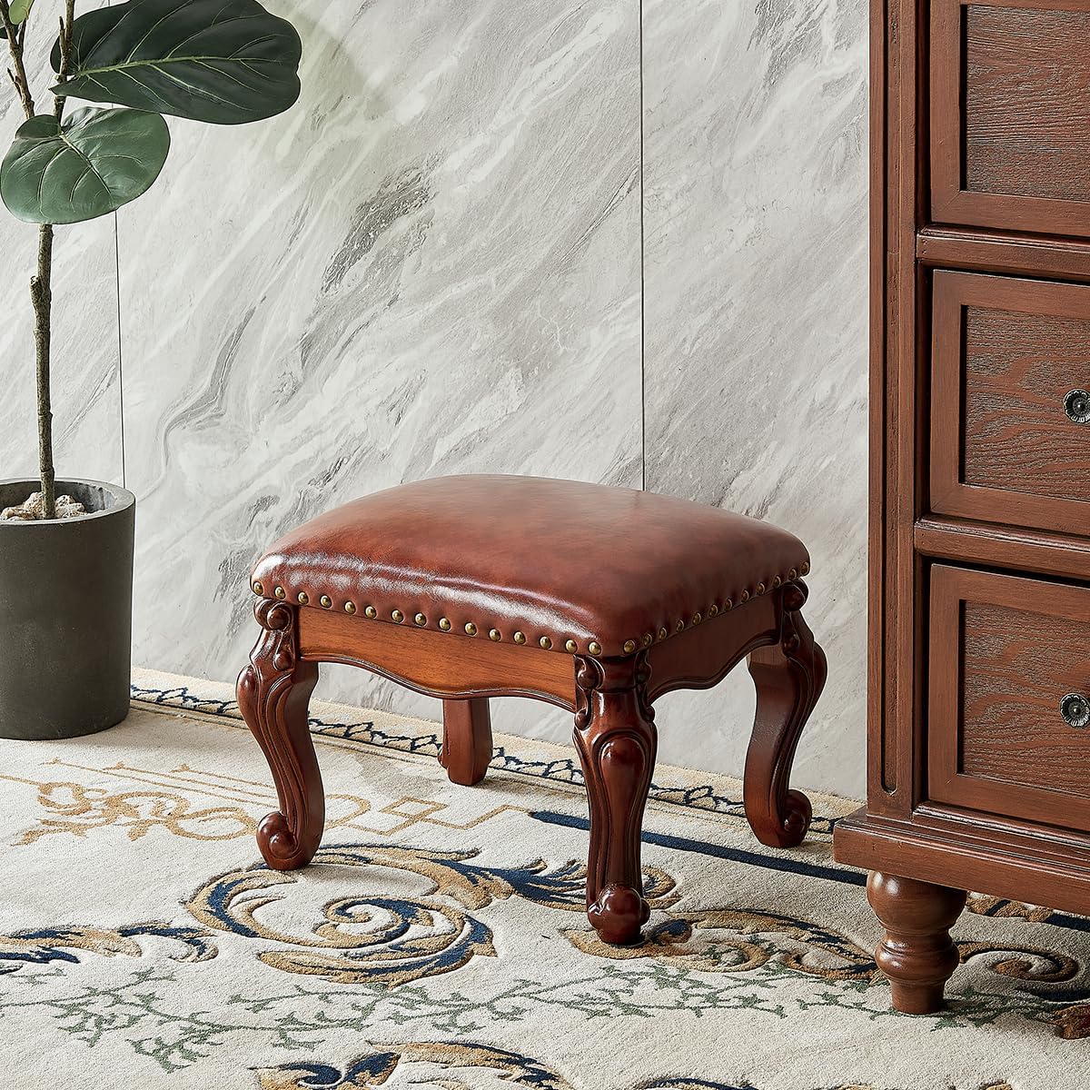 Foot Stool Ottoman Foot Rest Microfiber Leather Upholstered Footstool for Sofa, Living Room, Entryway, Solid Wood Stool (Flat Brown)