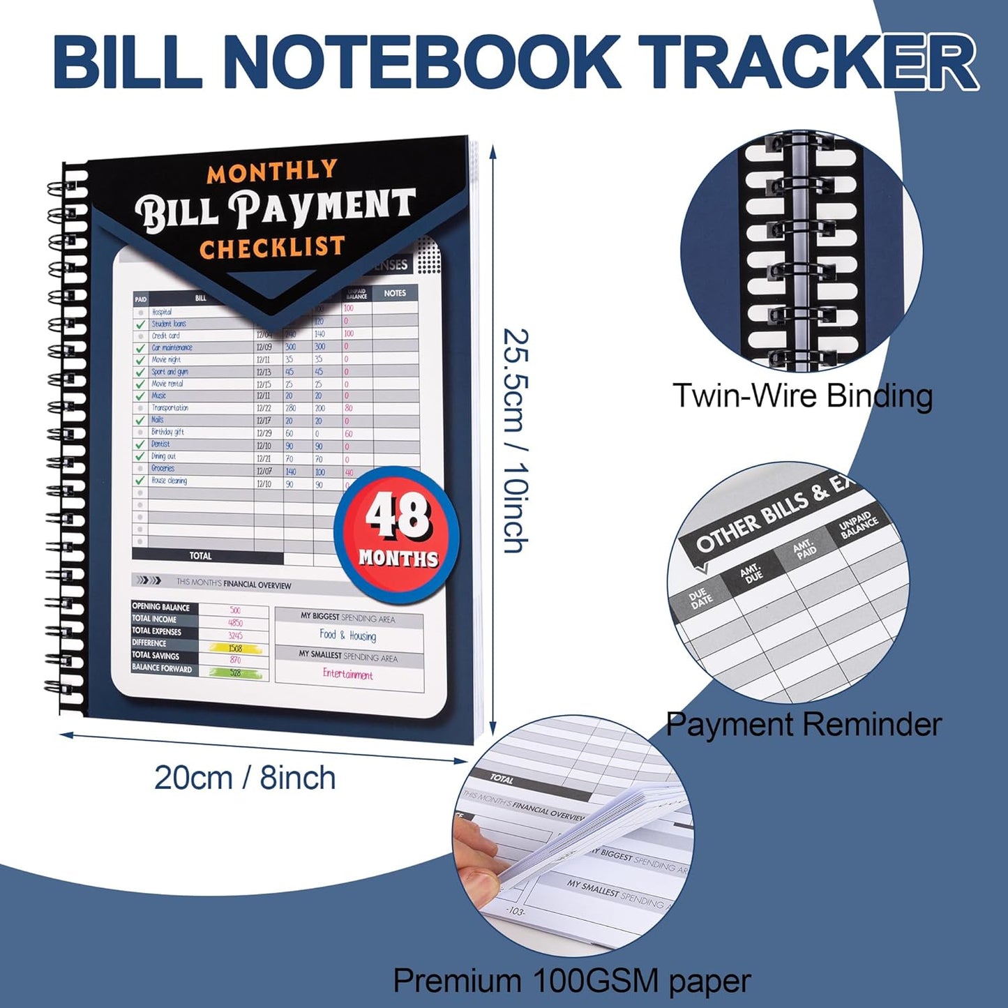 Monthly Bill Payment Checklist: Bill Tracker Notebook With Spiral Binding 8"x10" The 4-Year Guide for Families & Money Managers, 960 Billing Records Included (Blue)