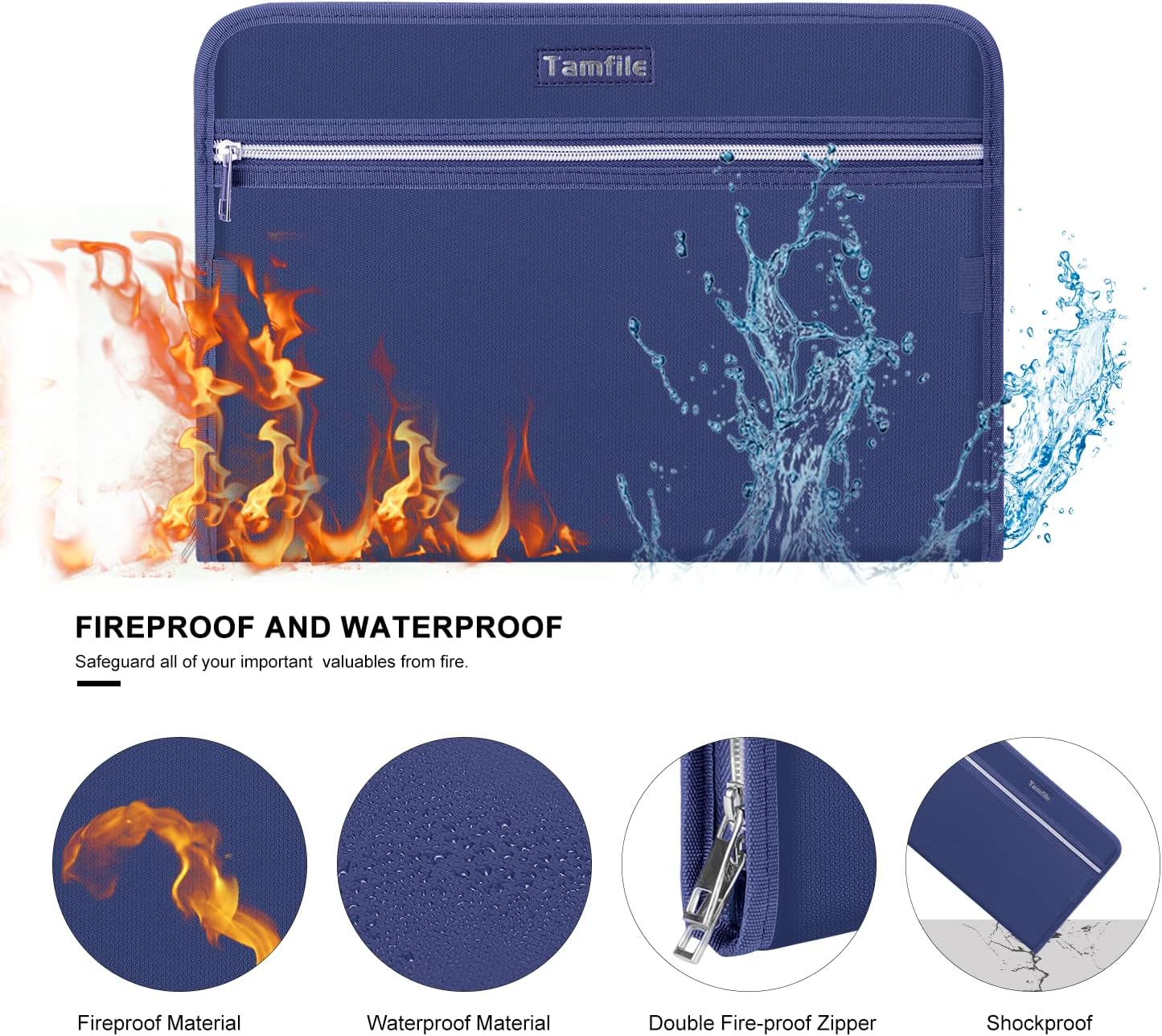 Fireproof Safe Accordion File Organizer Bag Folder,Waterproof Expanding Filing Folder with 14 Pockets, A4 Letter Size, Document Organizer Holder and Color Labels /2 Zipper, Navy Blue 14.3" x 9.8"