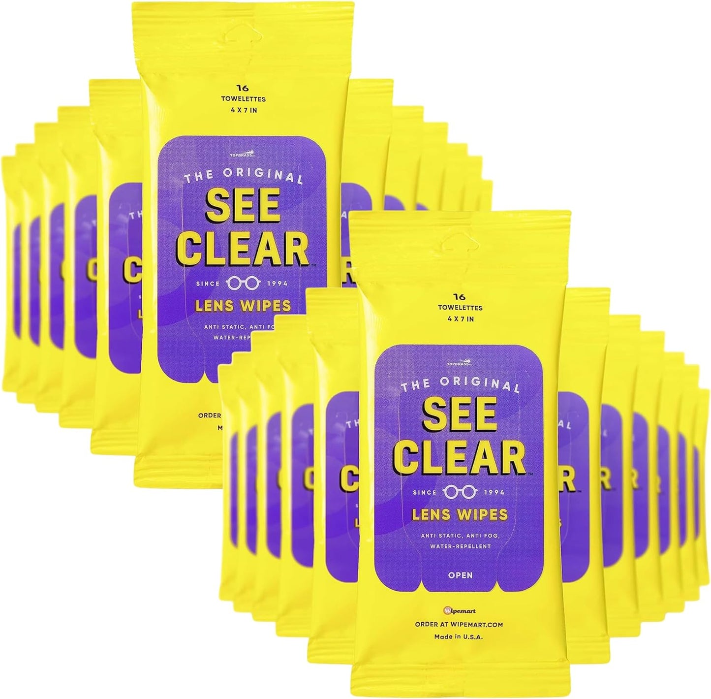 See Clear Original Lens Cleaning Wipes - Pre-Moistened Eyeglass & Screen Cleaning Cloth Towelettes - Streak Free, Scratch Free Lens & Electronic Screen Cleaner - 24 Resealable Packs of 16