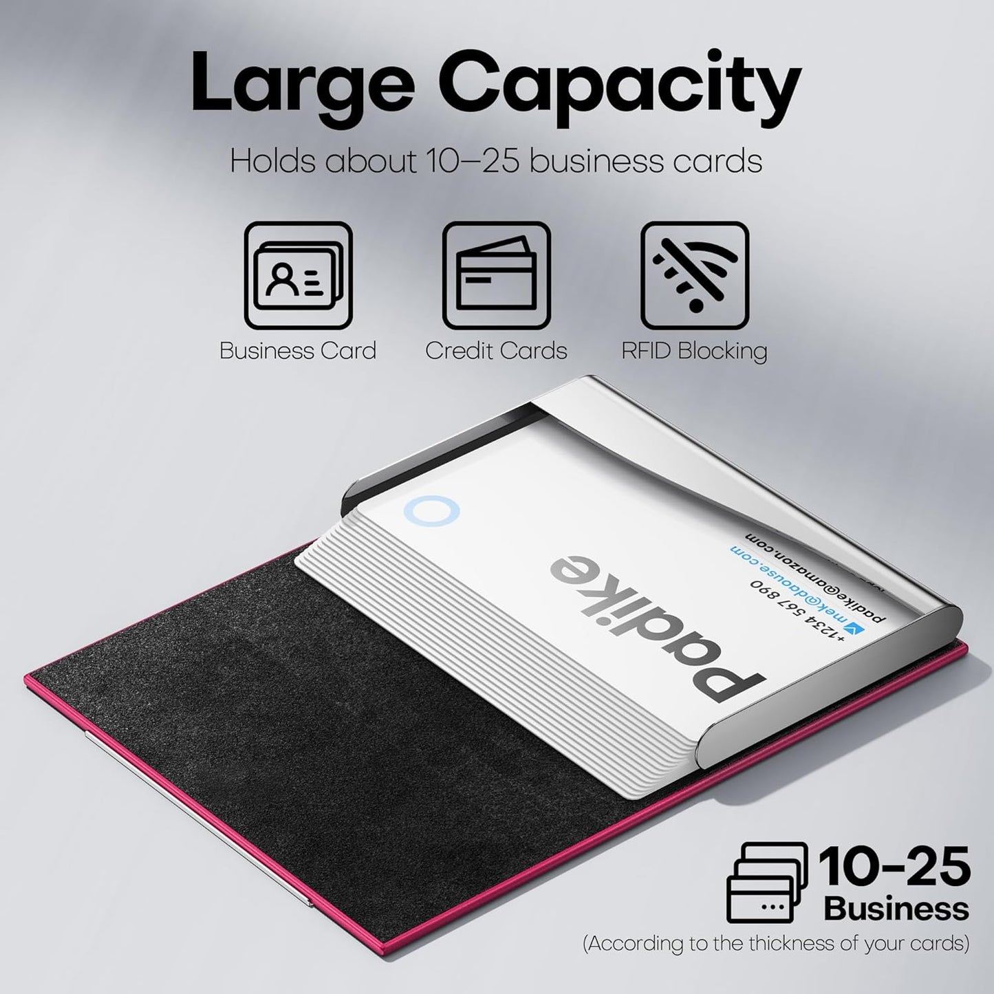 Padike Business Card Holder, Business Card Case Professional PU Leather & Stainless Steel Multi Card Case,Business Card Holder Wallet Credit Card ID Case/Holder for Men & Women. (Rose red)