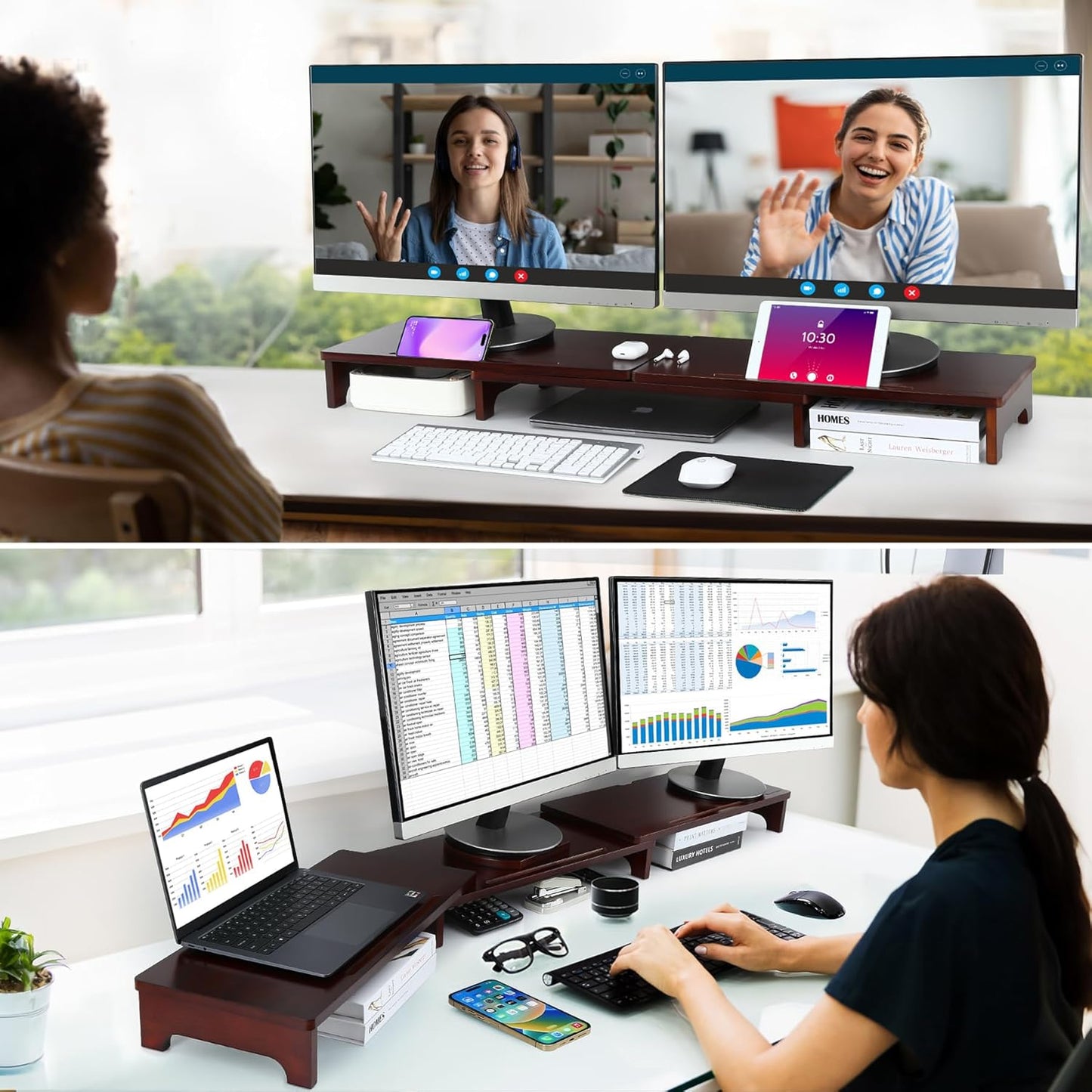 Nnewvante Large Dual Monitor Stand Riser, 60 inch Bamboo Monitor Stand with Adjustable Length and Angle, 3 Shelves Desktop Screen Riser for Computer Laptop PC, Walnut