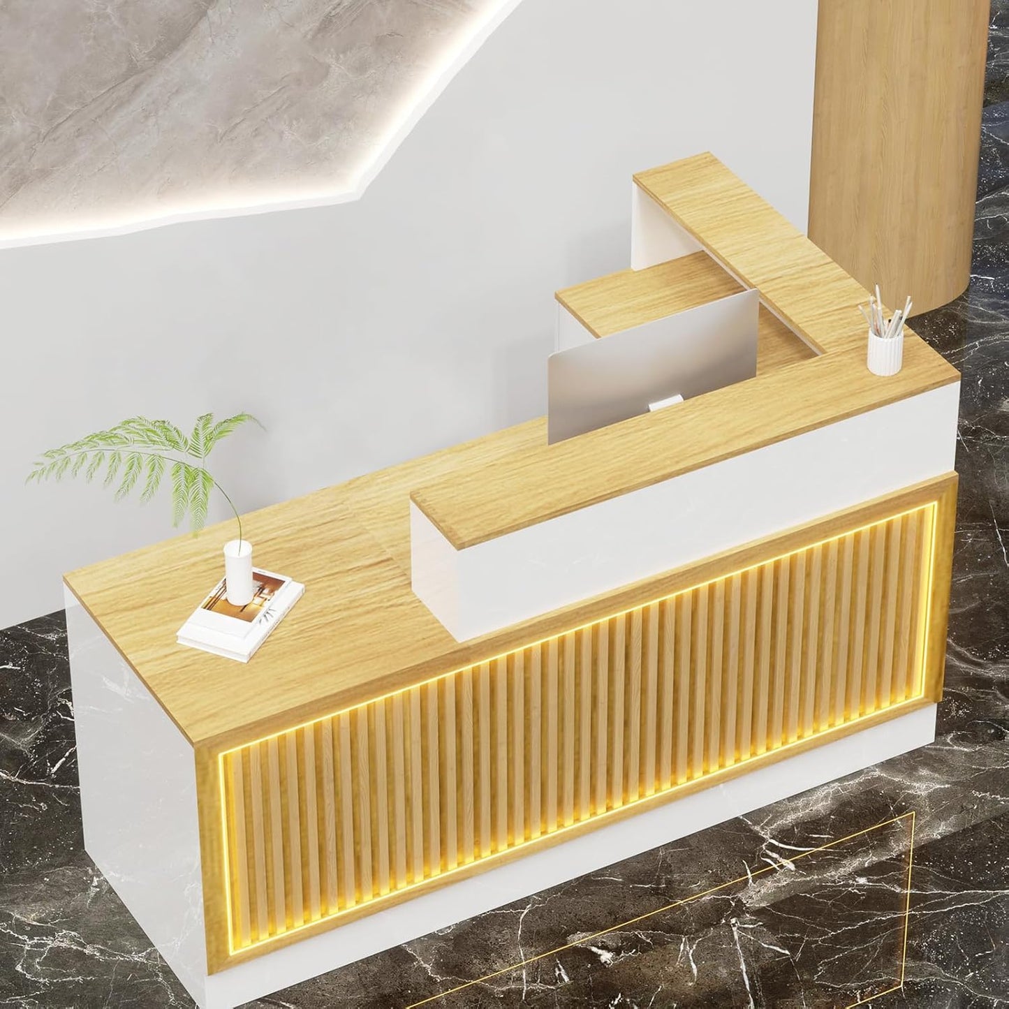 L Shaped Reception Desk, Solid Wood Front Desk with Counter & Lockable Drawers, Retail Checkout Customer 2 Person Secretary Desks for Home Office Lobby Store (70in,Left)