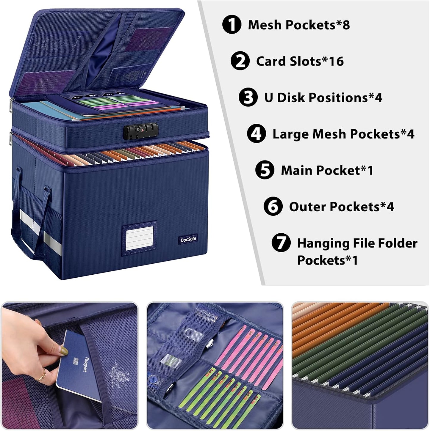 DocSafe File Box with Lock,Multi-Layer Fireproof Document Box Collapsible File Storage Organizer with Pockets/Handle,Large Portable Home Office Filing Safe for Hanging Letter/Legal Size Folders,Blue