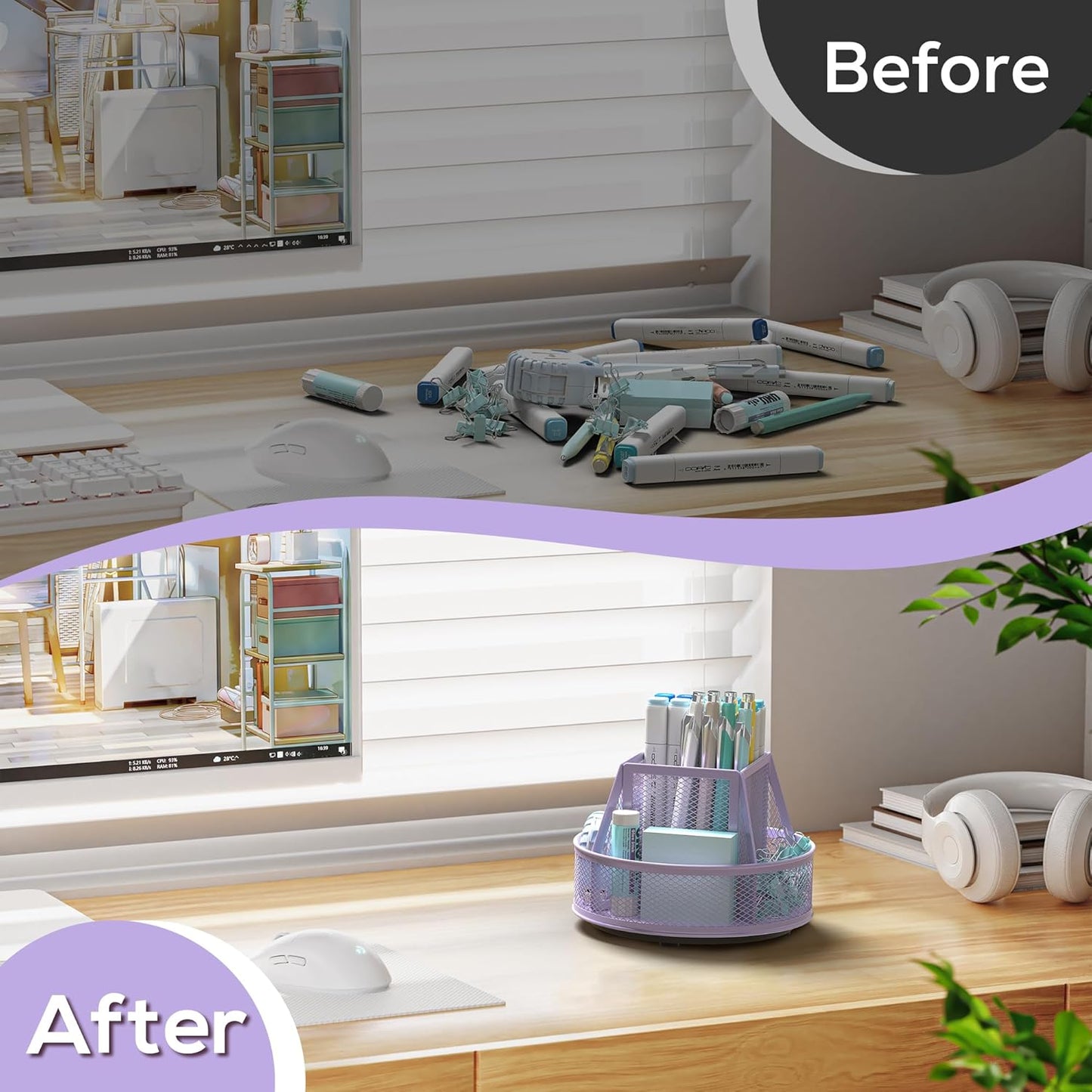 YINGHUA Metal Mesh Desk Organizer with 5 Compartments and Rotating Pencil Holder Pen and Stationery Organizer for Office Home School Anti Slip Base Purple