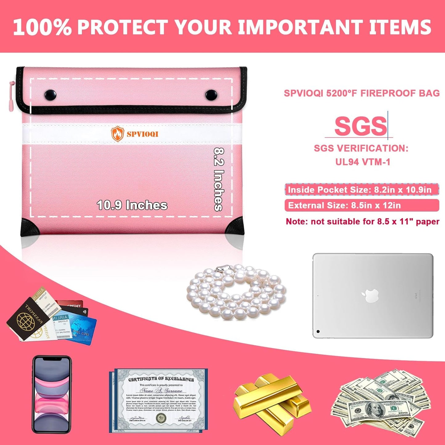 Upgraded Fireproof Document Bag 5200°F - with Heat Insulated, Fireproof Bag with Zipper/Reflective Strip, 9 Layers of Functional Materials, Fireproof Money Bag for Cash/Documents, Water Resistant Pink