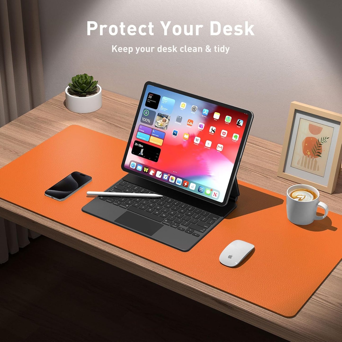 Aothia Leather Desk Pad Protector, Office Desk Mat, Large Mouse Pad, Non-Slip PU Leather Desk Blotter, Laptop Desk Pad, Waterproof Desk Writing Pad for Office and Home (48"x17", Hermes Orange)