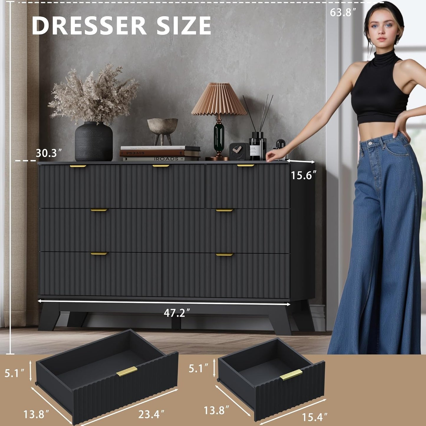 Fluted 7 Drawer Dresser, 47.2" Wide Modern Boho Chest of Drawers, Wooden Storage Dresser TV Stand for Bedroom, Living Room, Closet, Hallway, Curved Profile Design