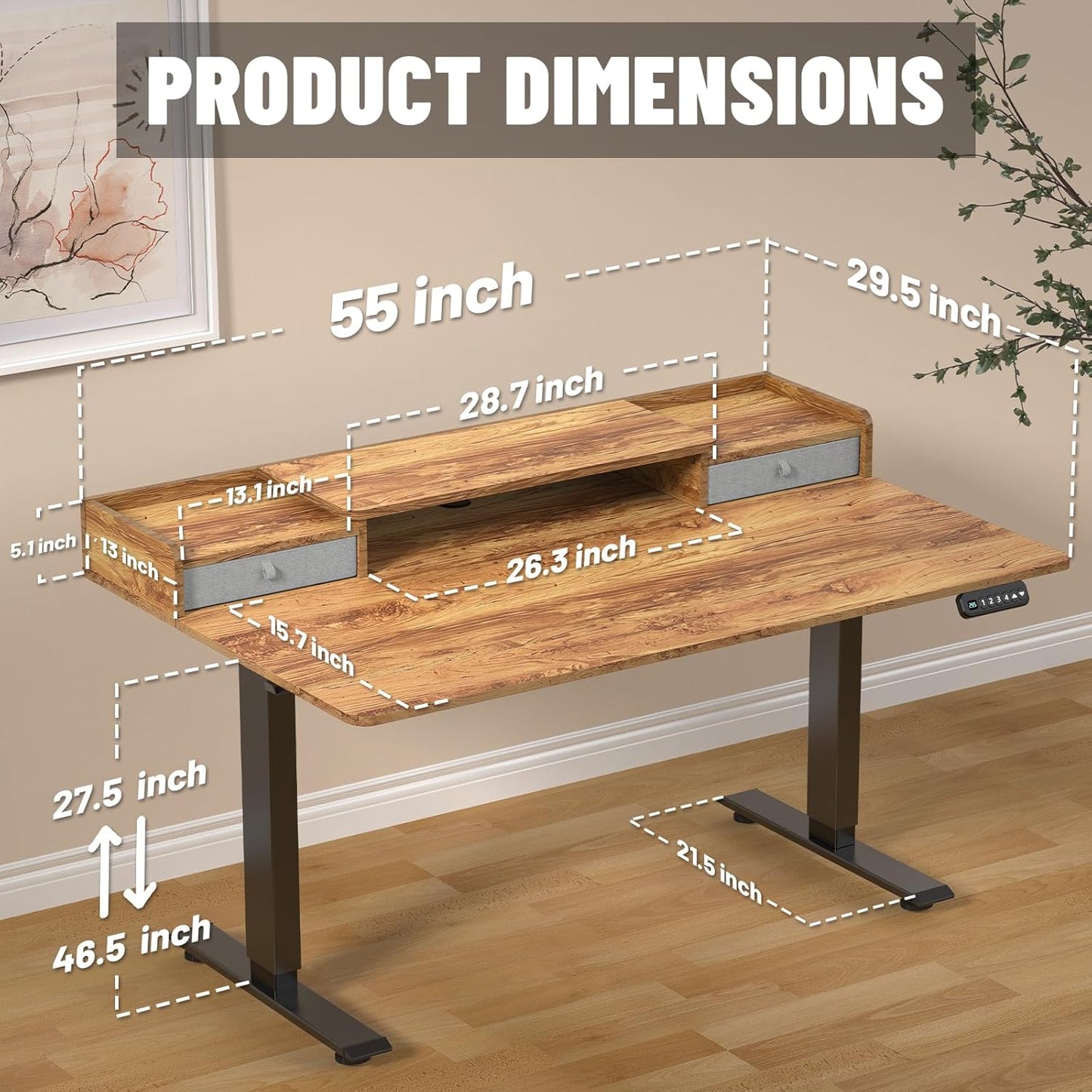 55 x 30 Inch Electric Standing Desk with 2 Drawers, Adjustable Height Widened Stand Up Desk with Storage, Sit to Stand Ergonomic Workstation for Home Office, Light Rustic