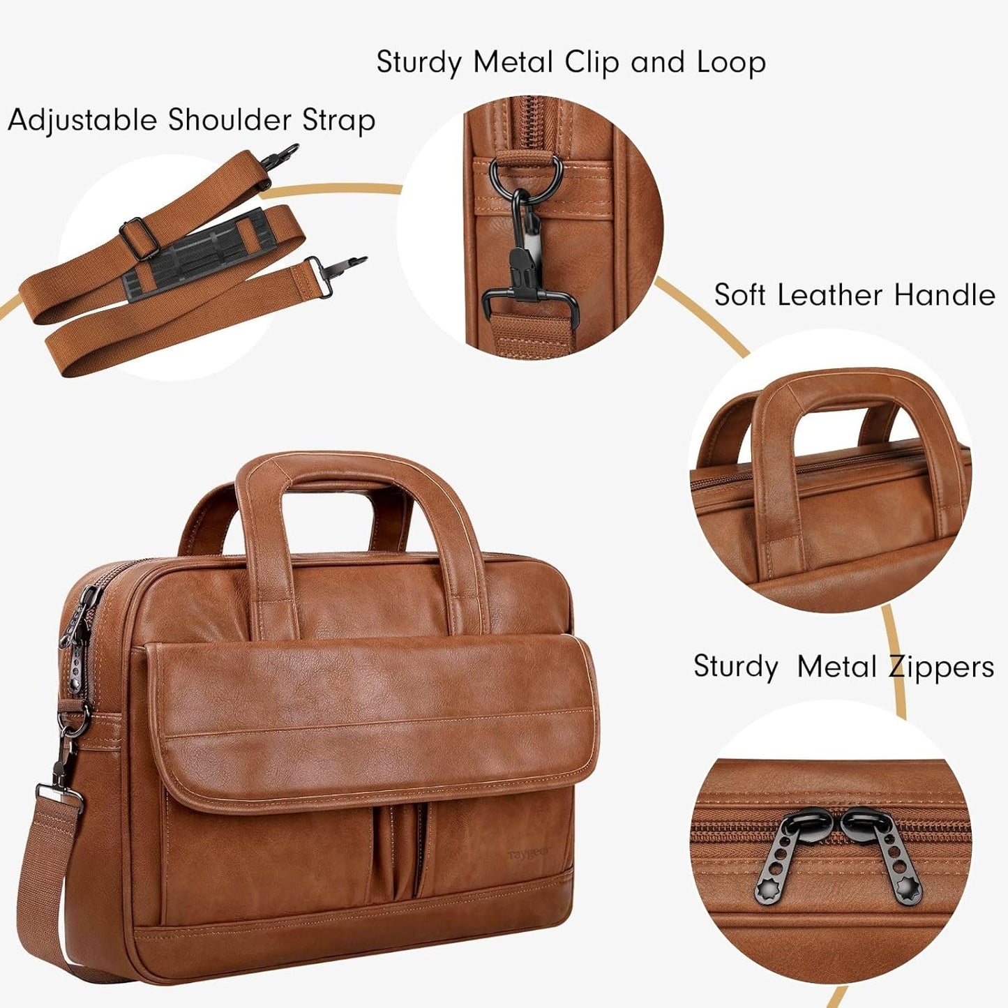 Taygeer Leather Laptop Bag for Men Women, Premium Laptop Briefcase Fits Up to 15.6 Inch Notebook, Waterproof Portable Shoulder Messenger Crossbody Bag Carry On Case for Travel Business Office, Brown