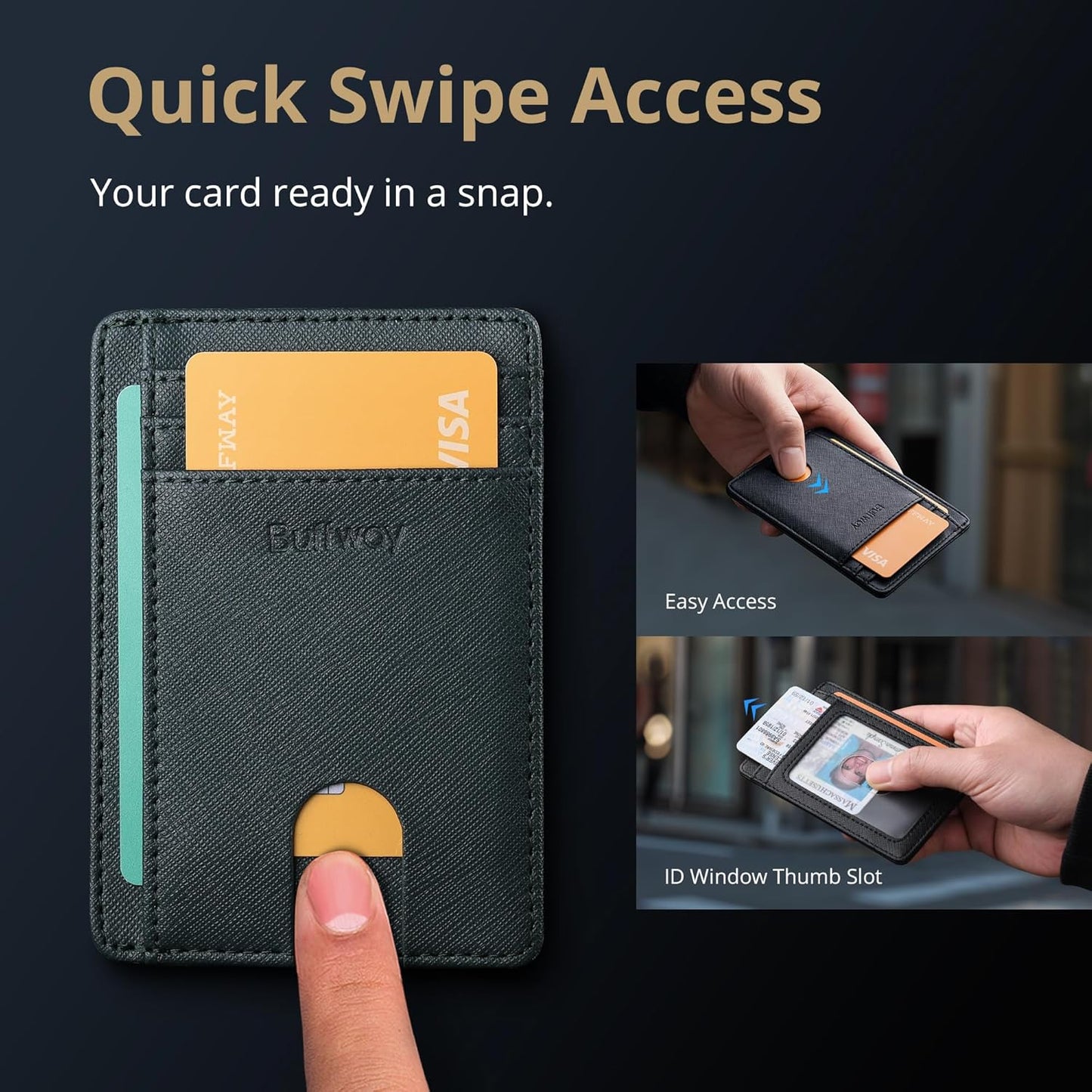 Buffway Slim Minimalist Front Pocket RFID Blocking Leather Wallets for Men and Women - Cross Blackish Green