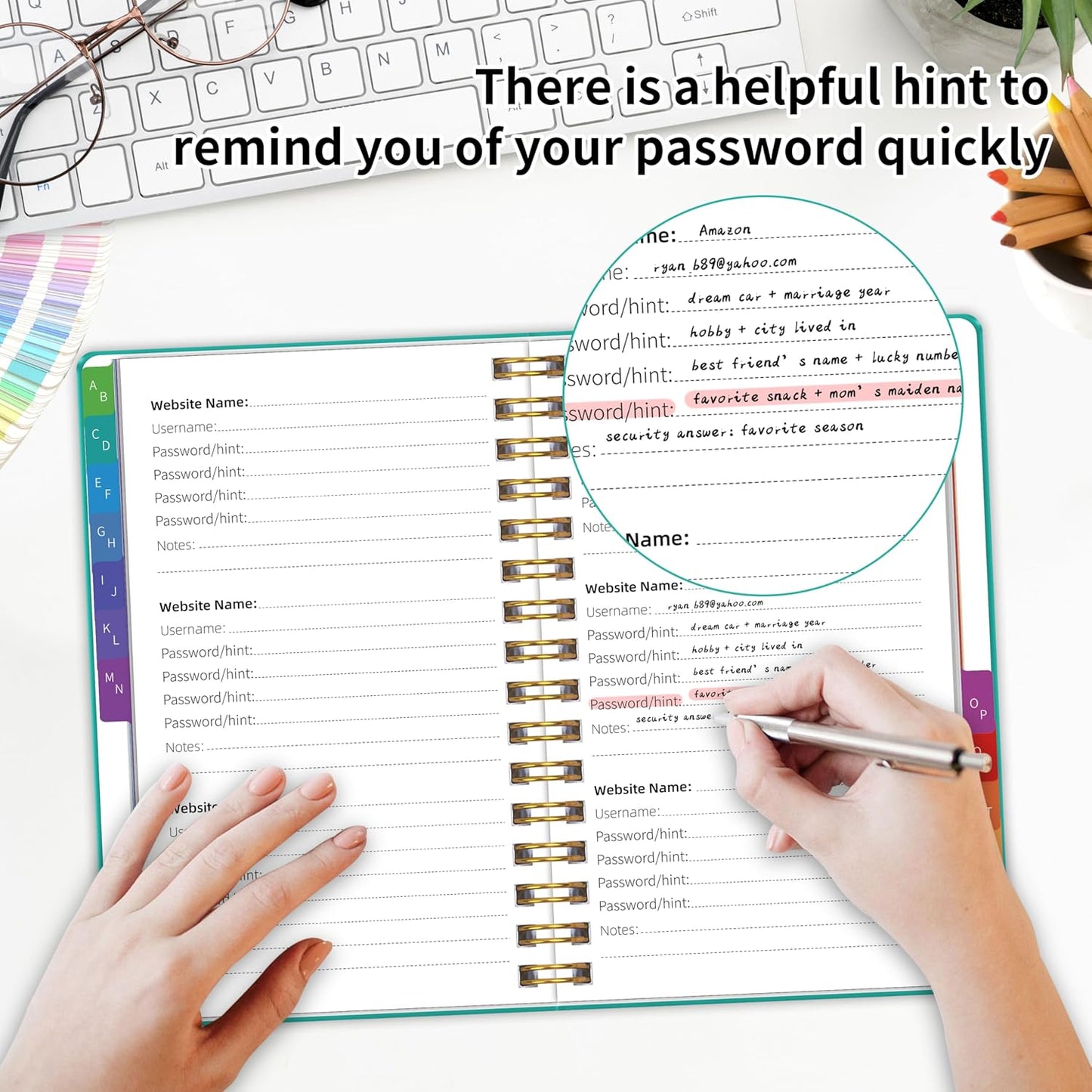 Password Book with Alphabetical Tabs, Password Keeper Book for Seniors, 5.8" X 8.2" Medium Size Password Notebook, Spiral Hardcover Password Journal Logbook for Website Logins, Green