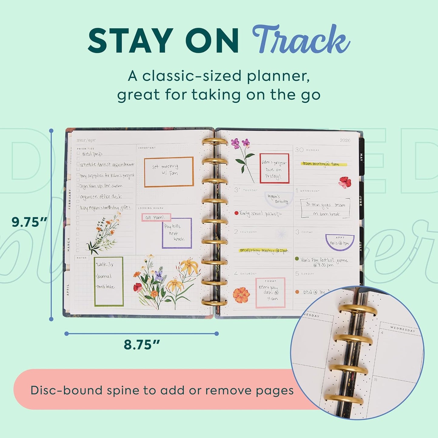 Happy Planner Disc-Bound Planner Jan.–Dec. 2026, Includes 3 Extra Months and 2 Sticker Sheets, Classic Size, 7" x 9.25", Dashboard Layout, Grounded Magic