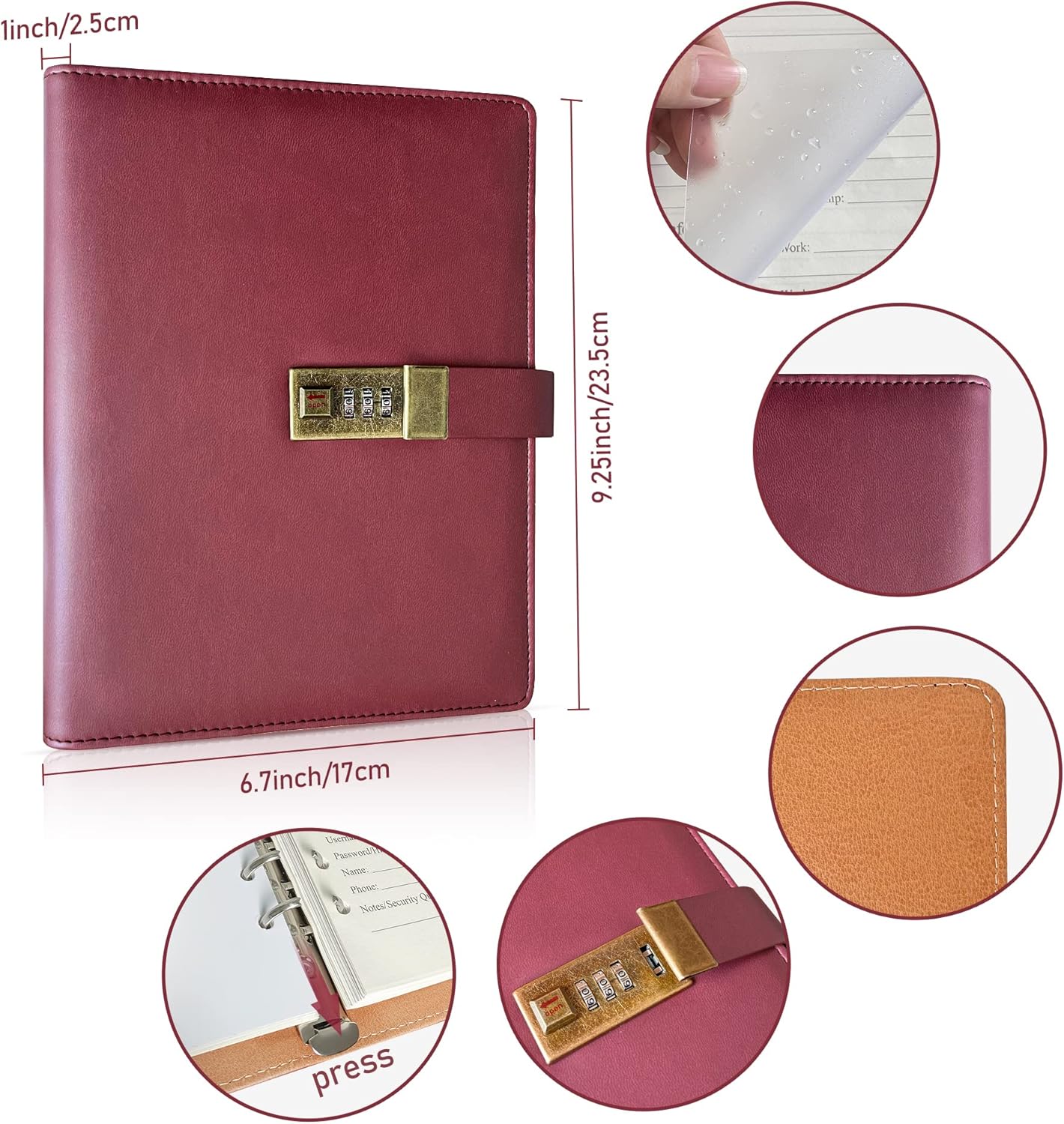 A5 Password Book with Combination Lock & Alphabetical Tabs, 302 Pages Leatherette Hardcover Internet Address & Password Organizer Logbook, Large Print, Refillable, 576 Entries, for Seniors