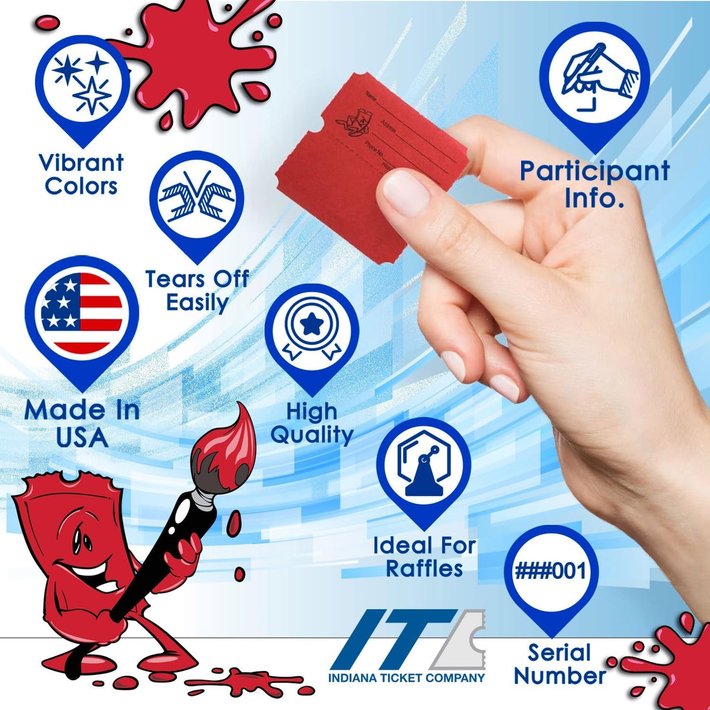 INDIANA TICKET CO. Double Roll Raffle Tickets – 1,000 Red, Events, Fundraiser, Carnival, Fair, Door Prize, Drink/Food Tickets, Classroom Reward, Bingo, Auction, 50/50 Cash Draw. (8 Color Selection)