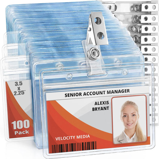 Mifflin-USA Horizontal Plastic Card Holder with Metal Clip and Vinyl Straps (Clear, 3.5x2.25 Inch, 100 Pack), Waterproof PVC ID Name Badge Holder with Clip