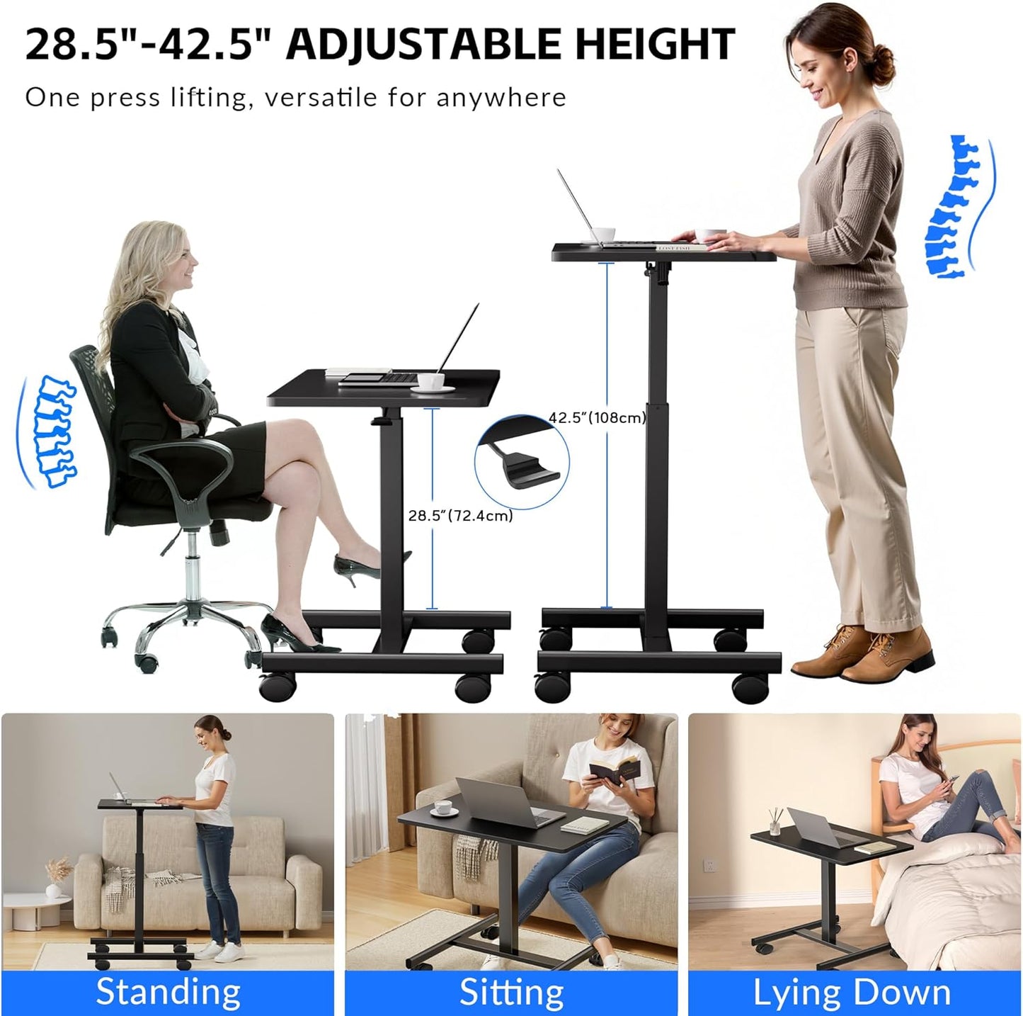 Mobile Laptop Standing Desk Adjustable Height, Small Mobile Desk Workstation with Wheels, Portable Rolling Computer Desk Cart for Home Office Classroom (Black)