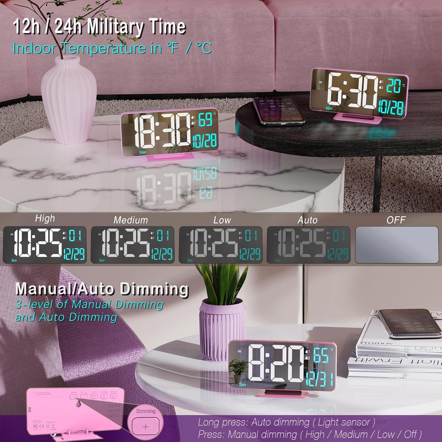 Pink Digital Clock for Bedroom 6.7in Dual Alarm Clock with Dimming, 12/24h, Seconds, Date, Day of Week, Temp, Desk Clock, LED Clock for Table Decor, Digital Calendar Table Clocks for Bedrooms KOSUMOSU