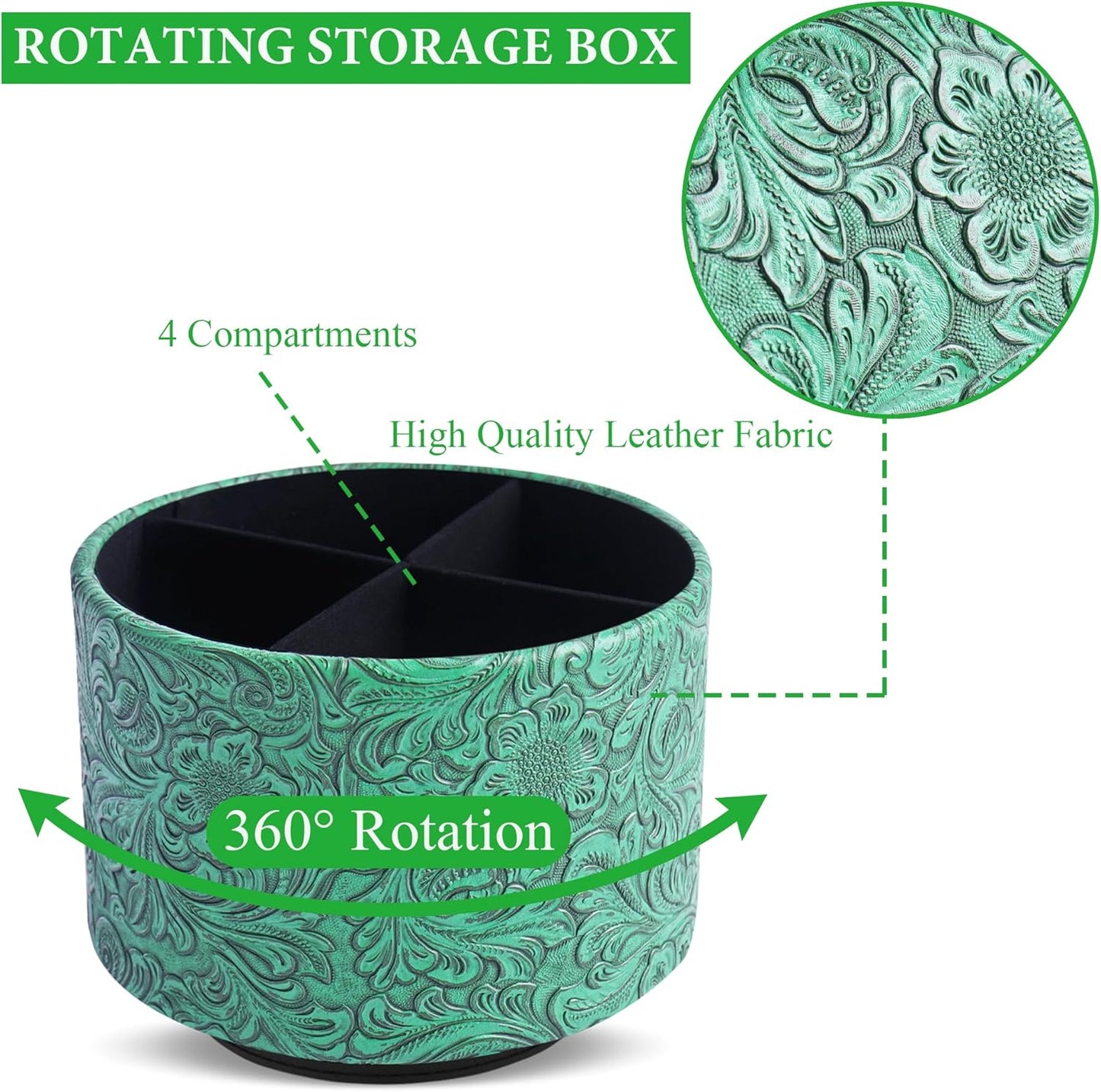 lizimandu Round Leather Art Supply Organizer,Remote Control Holder,360 Degree Spinning,Multi-Functional Pencil Holder,4 Compartments Desktop Stationary Organizer(1-Carved Green)