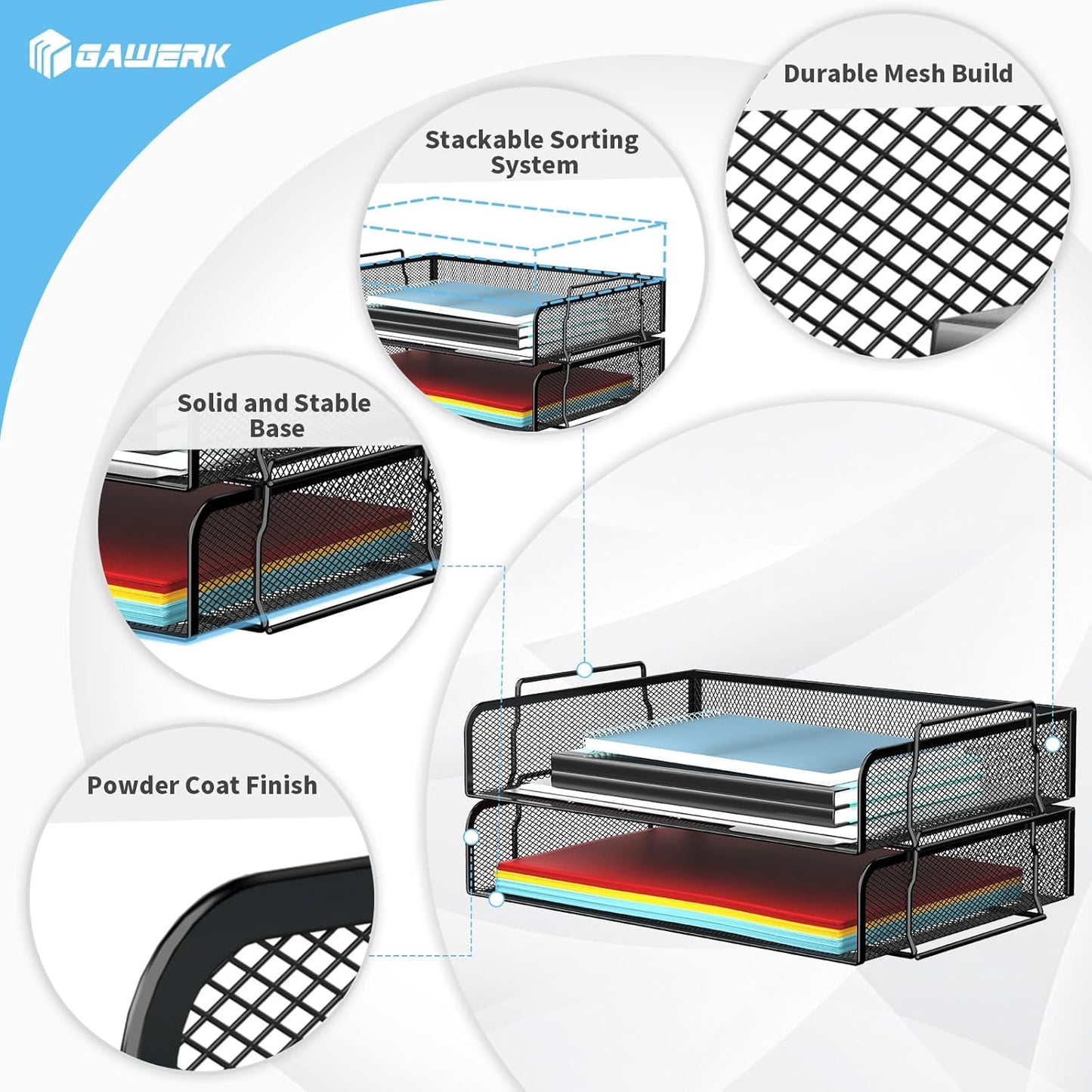 4 Tier Stackable Letter Tray, Metal Mesh File Storage Desktop Organizer for Home Office, Black