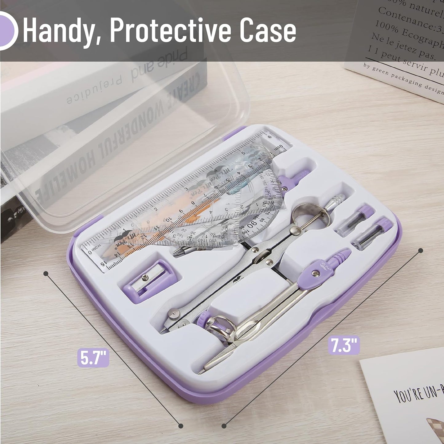 Mr. Pen- Geometry Set, 13 pcs, Compass for Geometry Compass, Geometry Kit Set with Shatterproof Storage Box, Math Compass, Geometry Set for School, Compass Math, Protractor and Compass Set, Purple