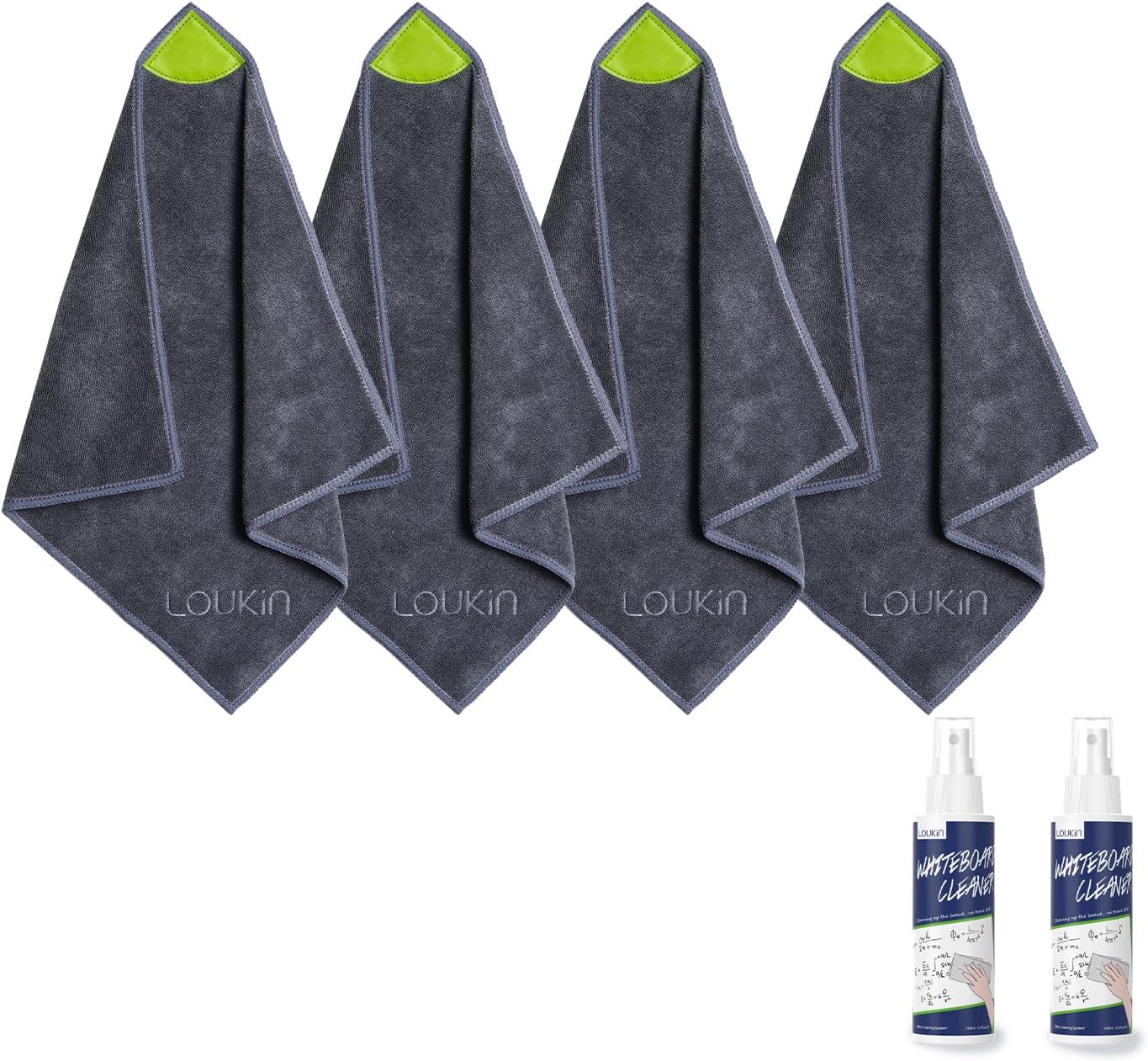 loukin 4 Pack Magnetic Cleaning Cloth, Microfiber Dry Erase Eraser, Washable Whiteboard Cleaning Cloth for Classroom, Home and Office, Gray, 12" x 12" - 3.4 fl oz Whiteboard Cleaner x 2 Included