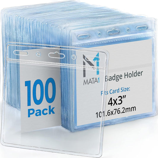Mata1-USA Plastic Horizontal Card Protector (Clear, 4x3 Inch, 100 Pack), Large Size No Zipper ID Name Badge Holder