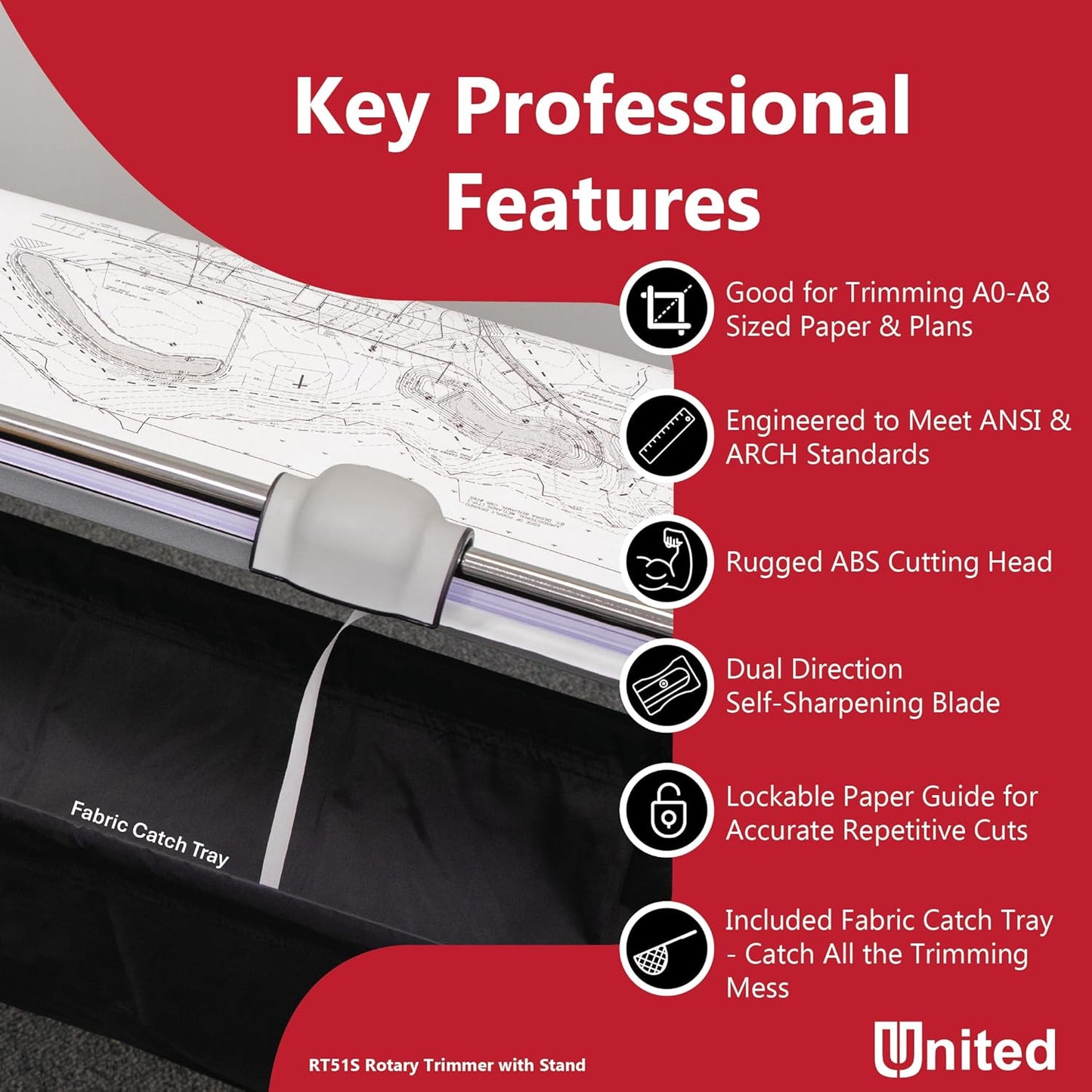 United Office Products RT51S Commercial Rotary Paper Trimmer with Stand and Fabric Catch Tray, Sturdy Metal Base, 51" Cut Length, 10 Sheet Capacity, Paper Cutter for Offices, Schools and Crafts