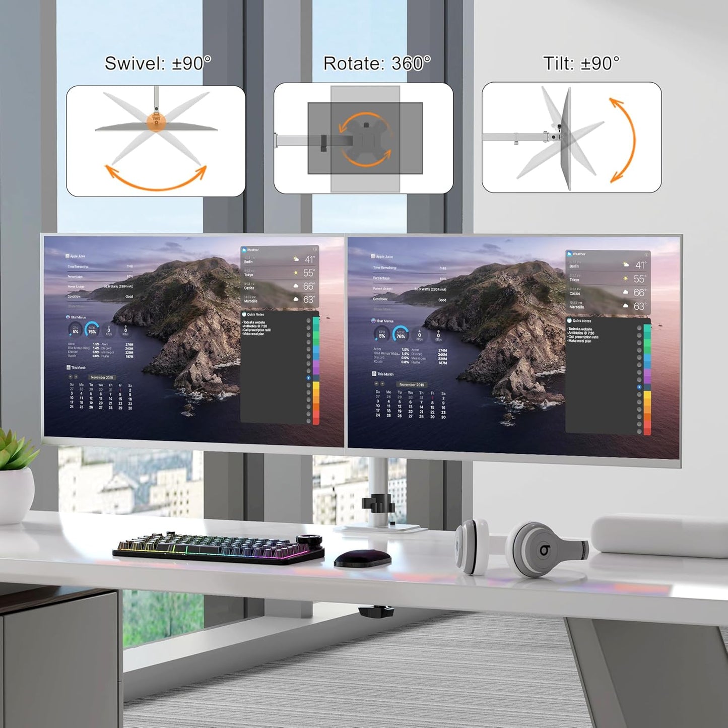 Pholiten Dual Monitor Stand, Heavy Duty Adjustable Monitor Arm Desk Mount for 2 Screens up to 42Inches, Tilt, Swivel, Rotate, Supports Tilt, Swivel, Rotate, Supports 22 lbs per Arm,Silver