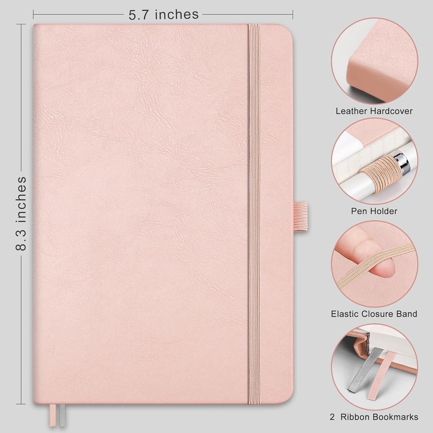 RETTACY Graph Grid Paper Notebook, 192 Pages, A5 Medium Size (5.7'' x 8.3''), 5 Squares per Inch, Leather Hardcover, 100 GSM Thick Paper, for School, Students, Math, Engineering (Rose Gold)